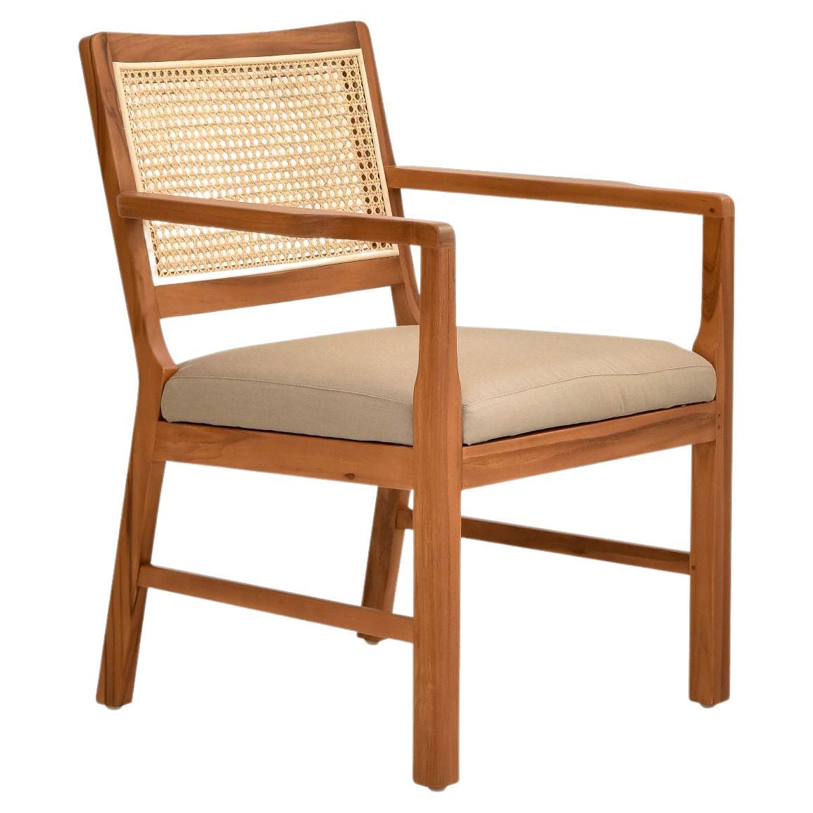 Teak Armchair with Woven Cane Back For Sale