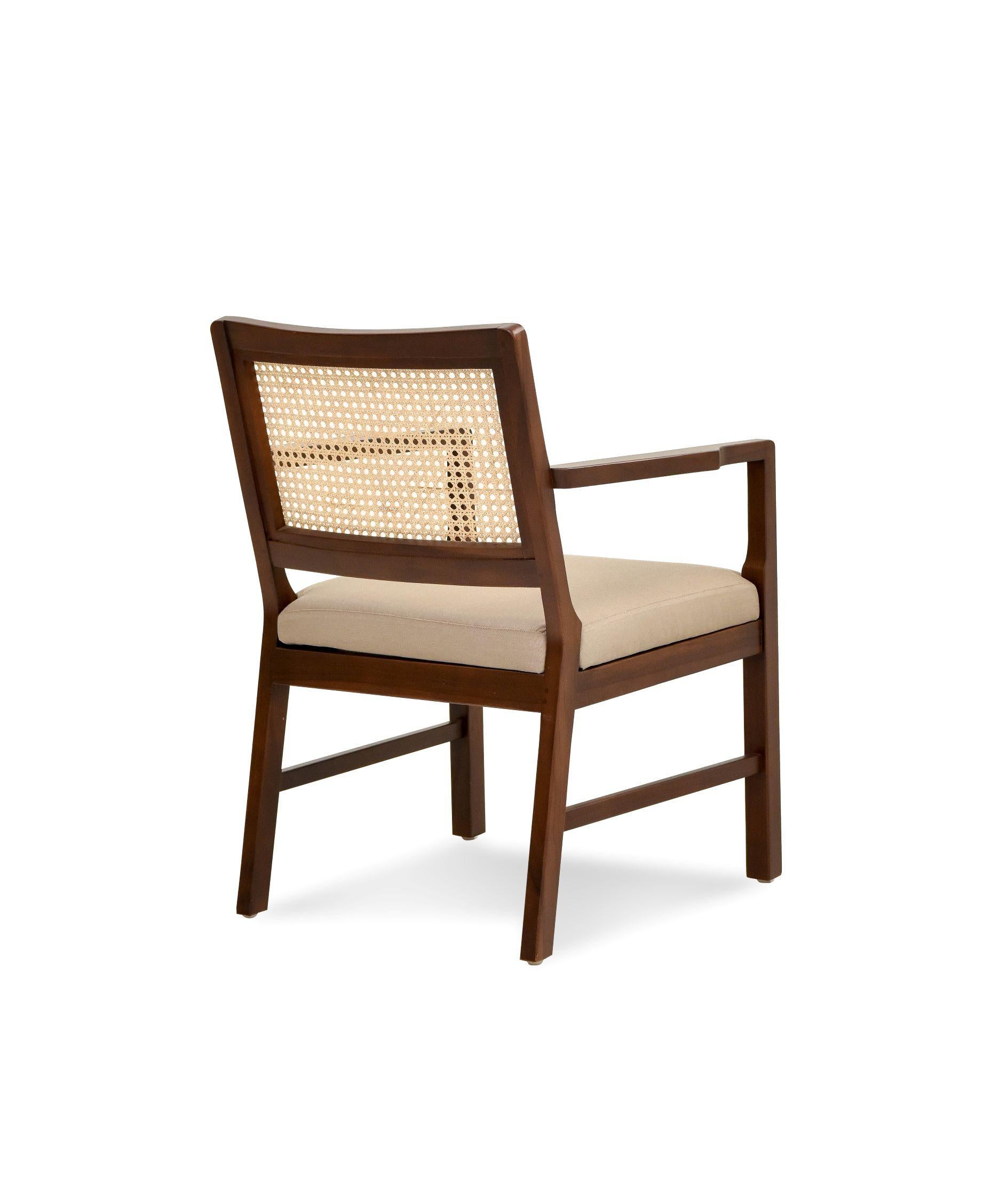 Contemporary Teak Armchair with Woven Cane Back in a Walnut Finish For Sale