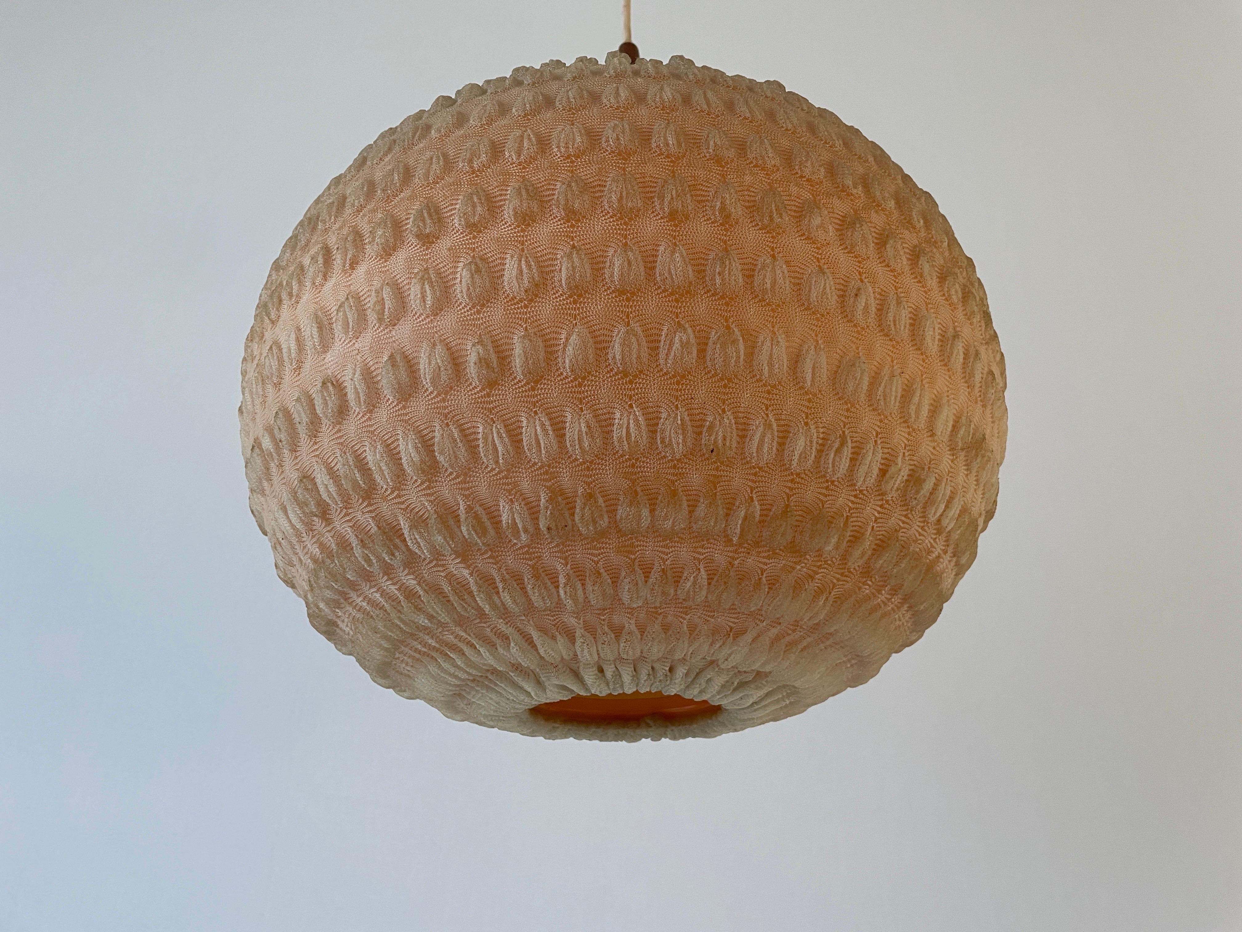 Teak & Ball Fabric Shade Ceiling Lamp by Temde, 1960s, Germany

Elegant and minimal design hanging lamp

Lampshade is in good condition and very clean. 
This lamp works with E27 light bulb. 
Wired and suitable to use with 220V and 110V for all