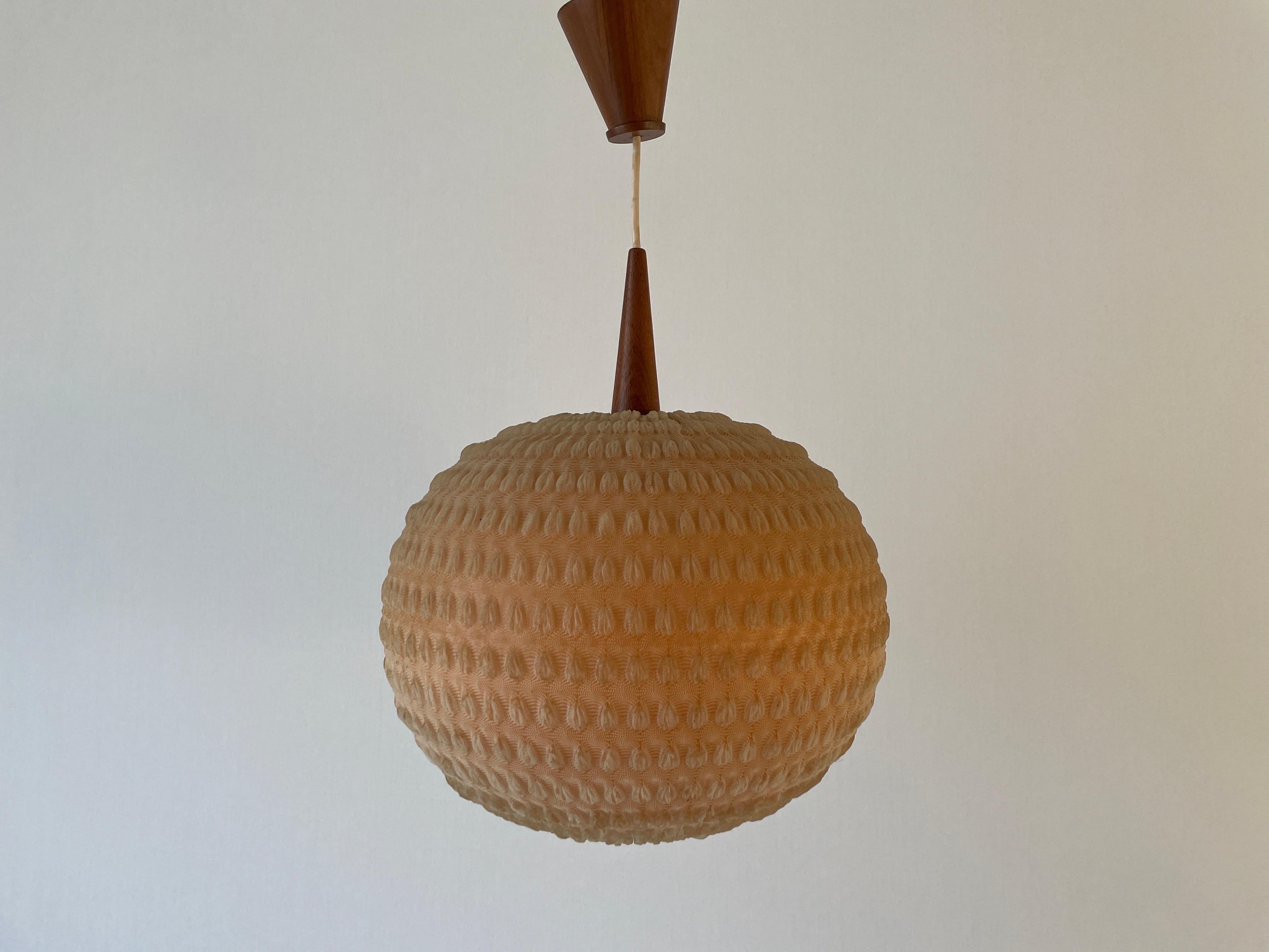 Mid-Century Modern Teak & Ball Fabric Shade Ceiling Lamp by Temde, 1960s, Germany For Sale