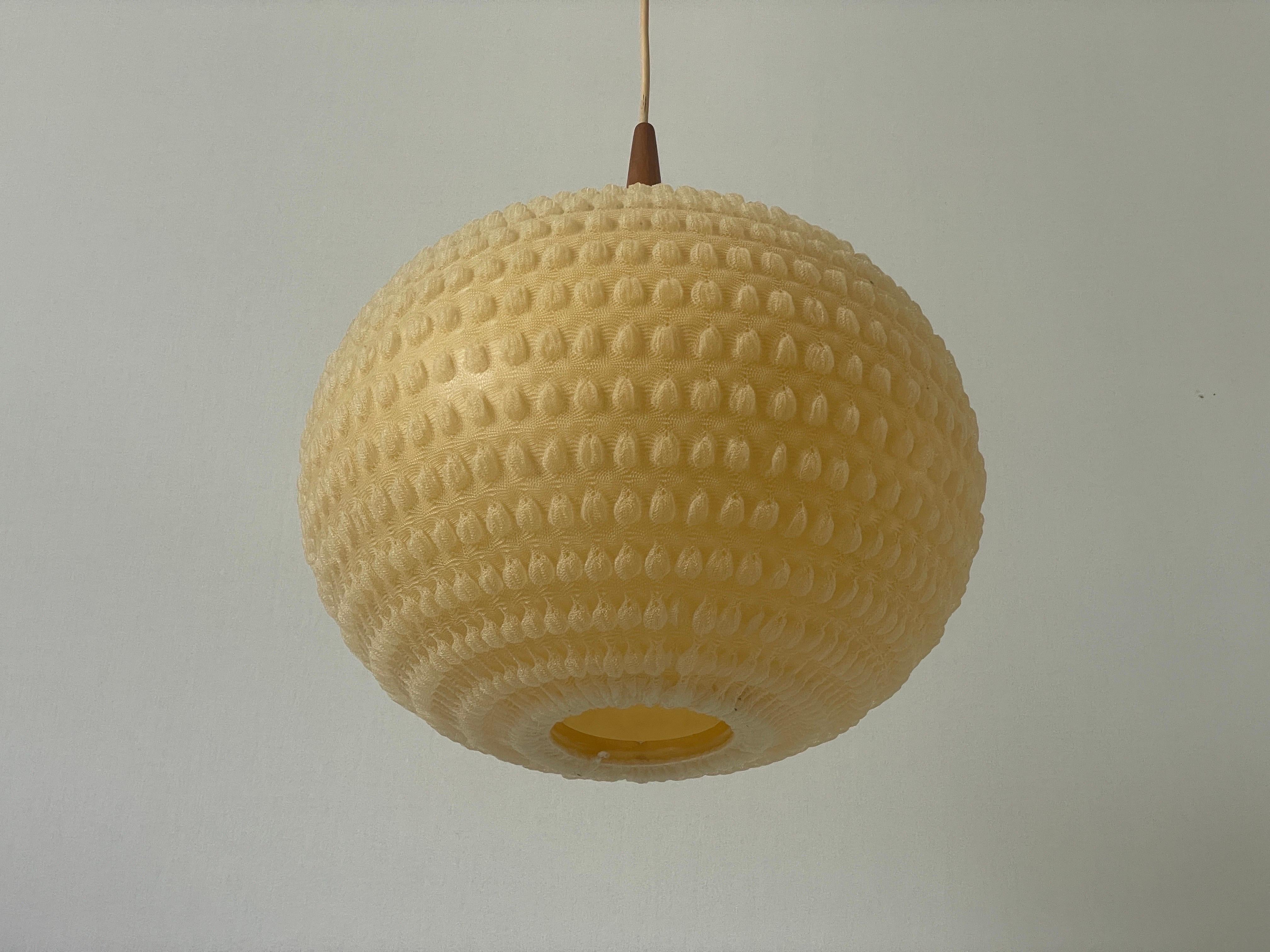 Mid-Century Modern Teak & Ball Fabric Shade Ceiling Lamp by Temde, 1960s, Germany For Sale