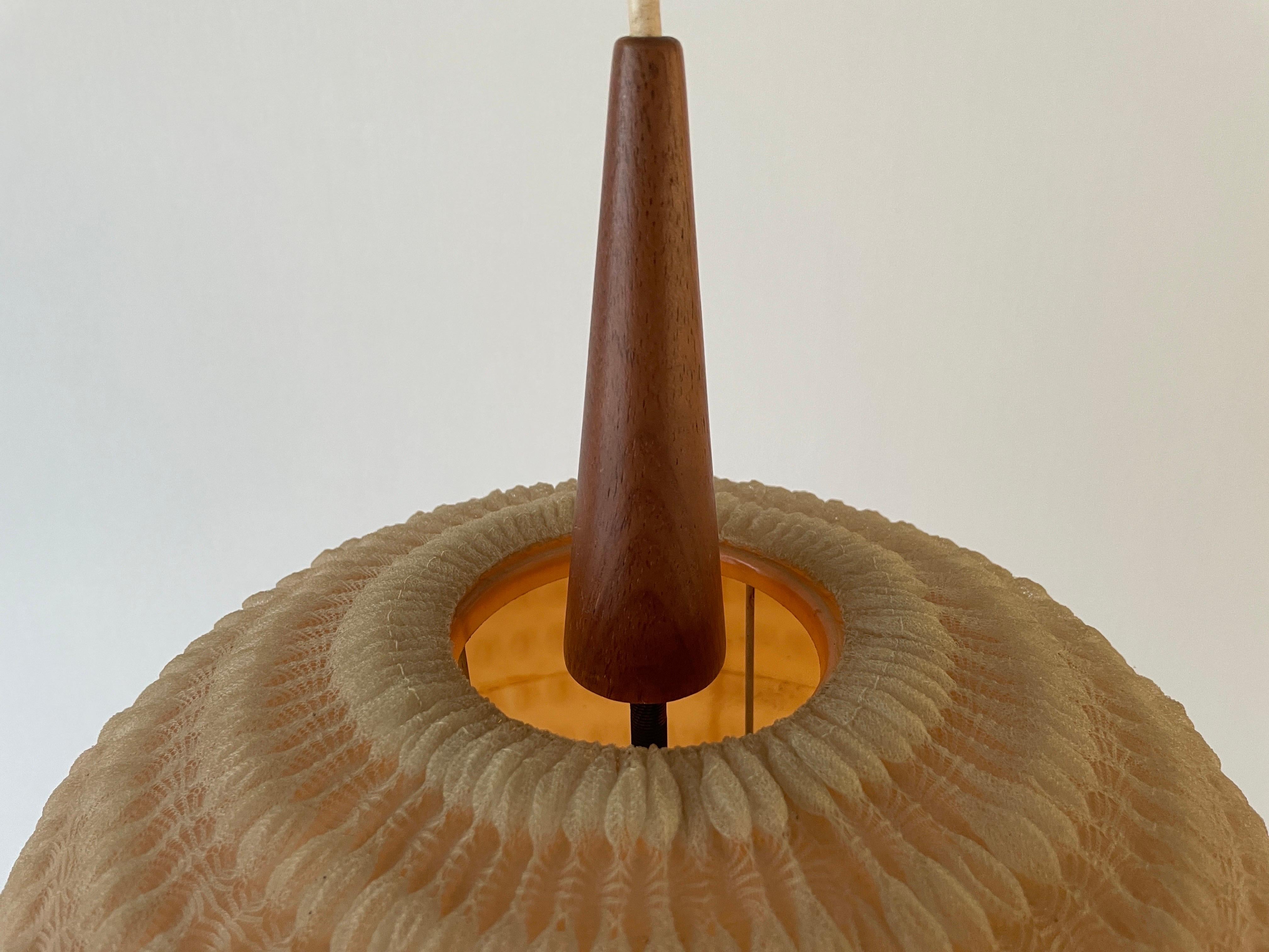 Mid-20th Century Teak & Ball Fabric Shade Ceiling Lamp by Temde, 1960s, Germany For Sale