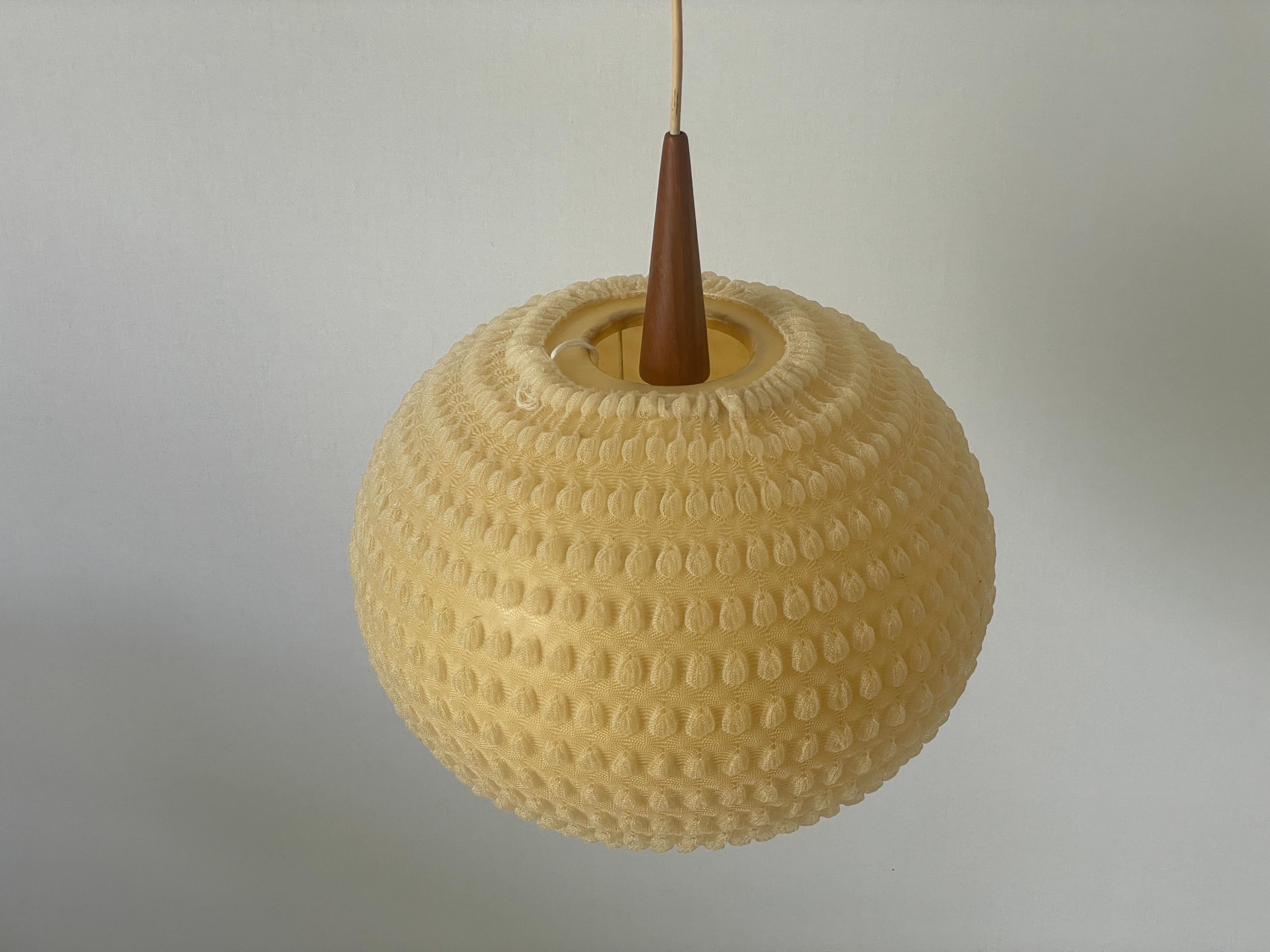 Mid-20th Century Teak & Ball Fabric Shade Ceiling Lamp by Temde, 1960s, Germany For Sale