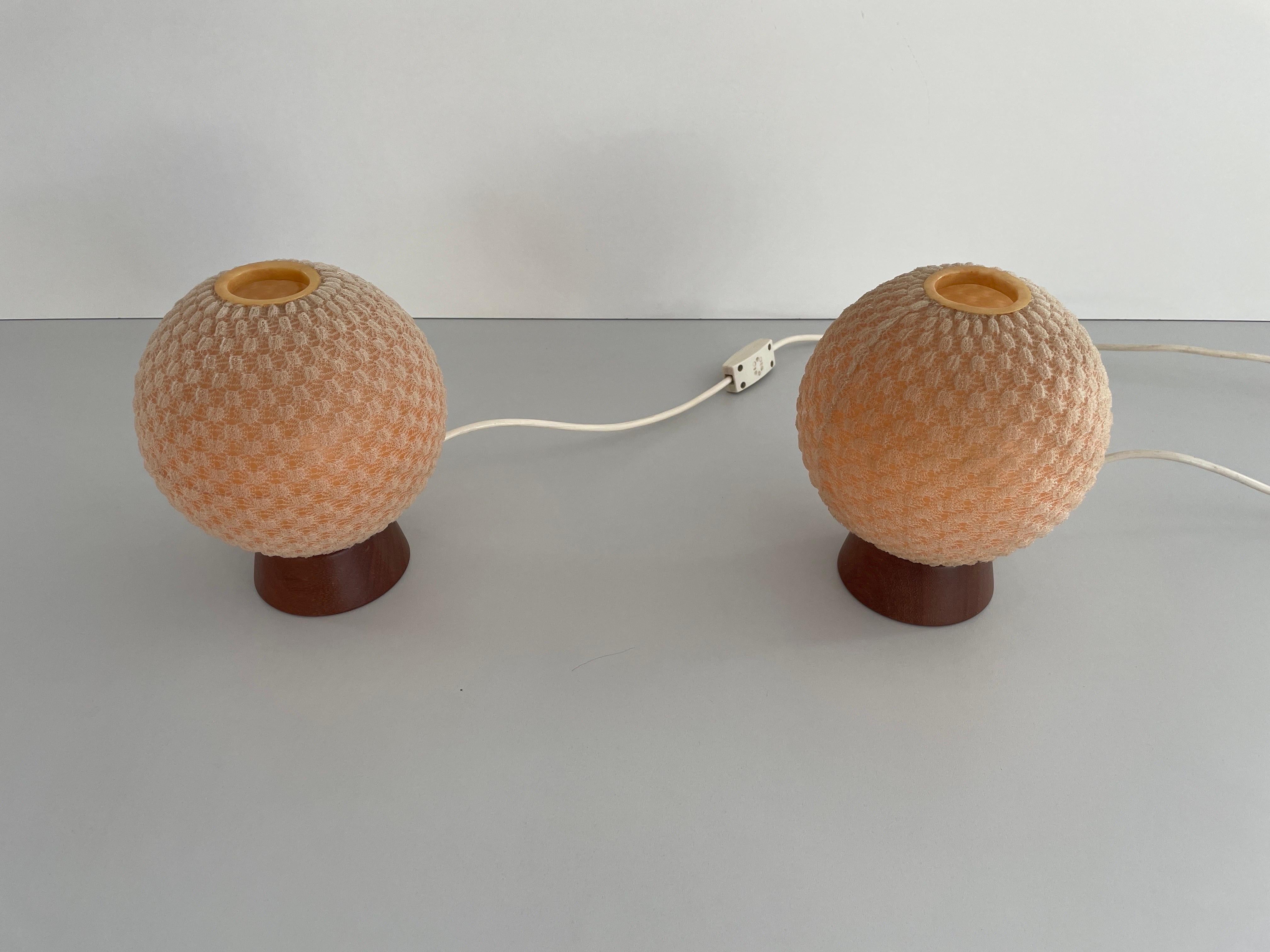 Mid-Century Modern Teak & Ball Fabric Shade Pair of Bedside Lamps by Temde, 1960s Germany For Sale