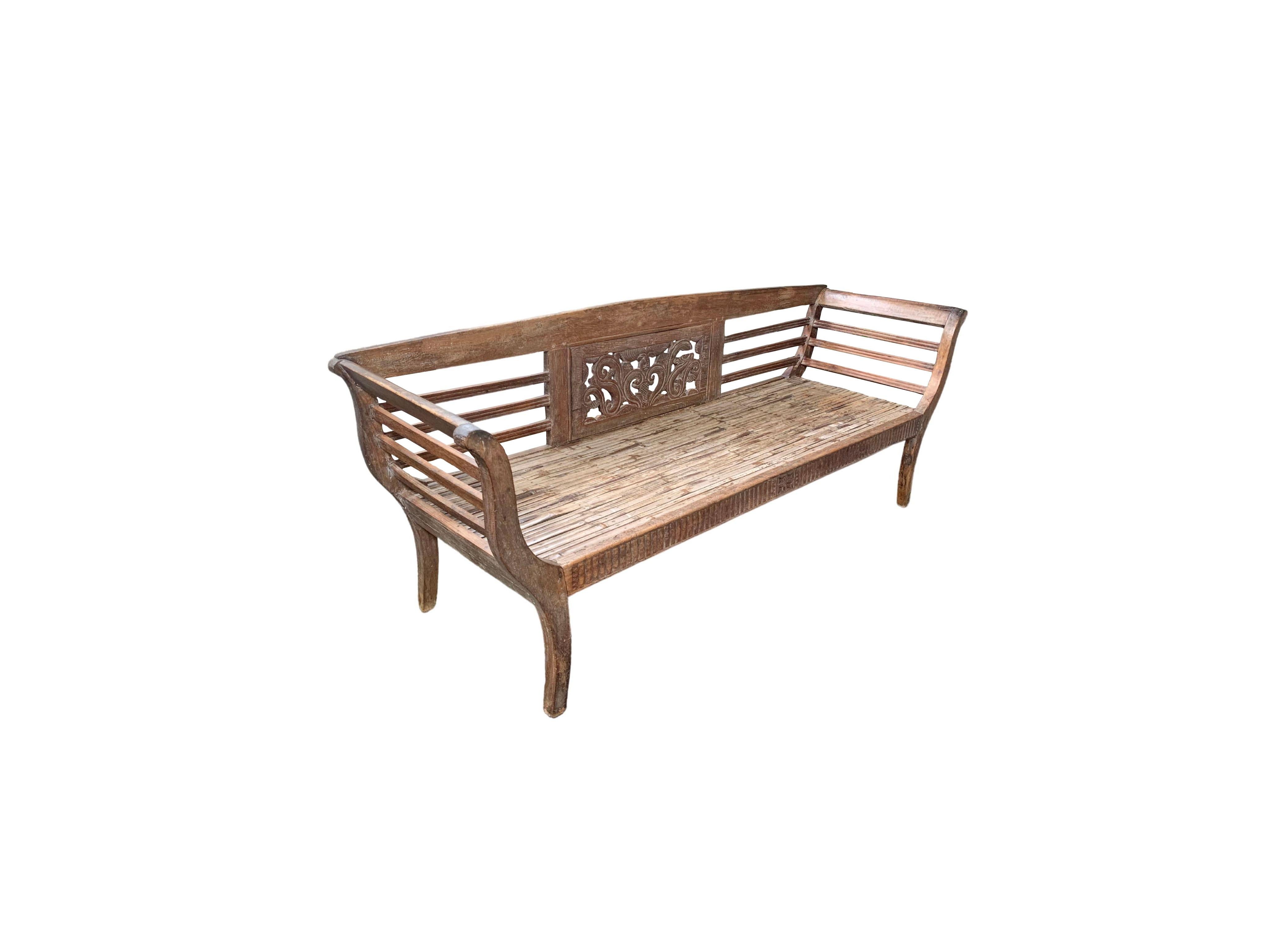 Other Teak & Bamboo Bench with Carved Detailing Madura Island, Java, Indonesia c. 1950 For Sale