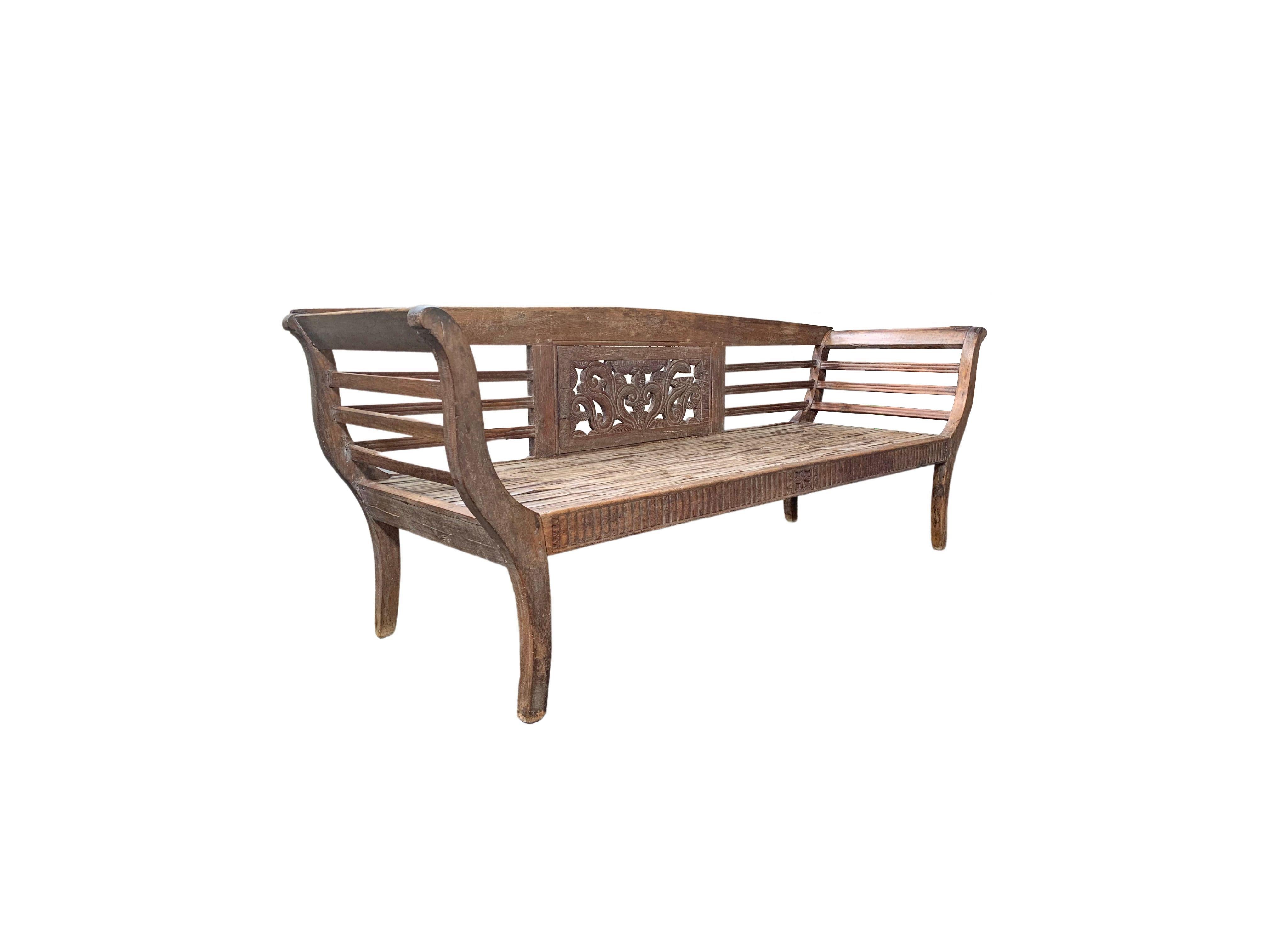 Hand-Carved Teak & Bamboo Bench with Carved Detailing Madura Island, Java, Indonesia c. 1950 For Sale