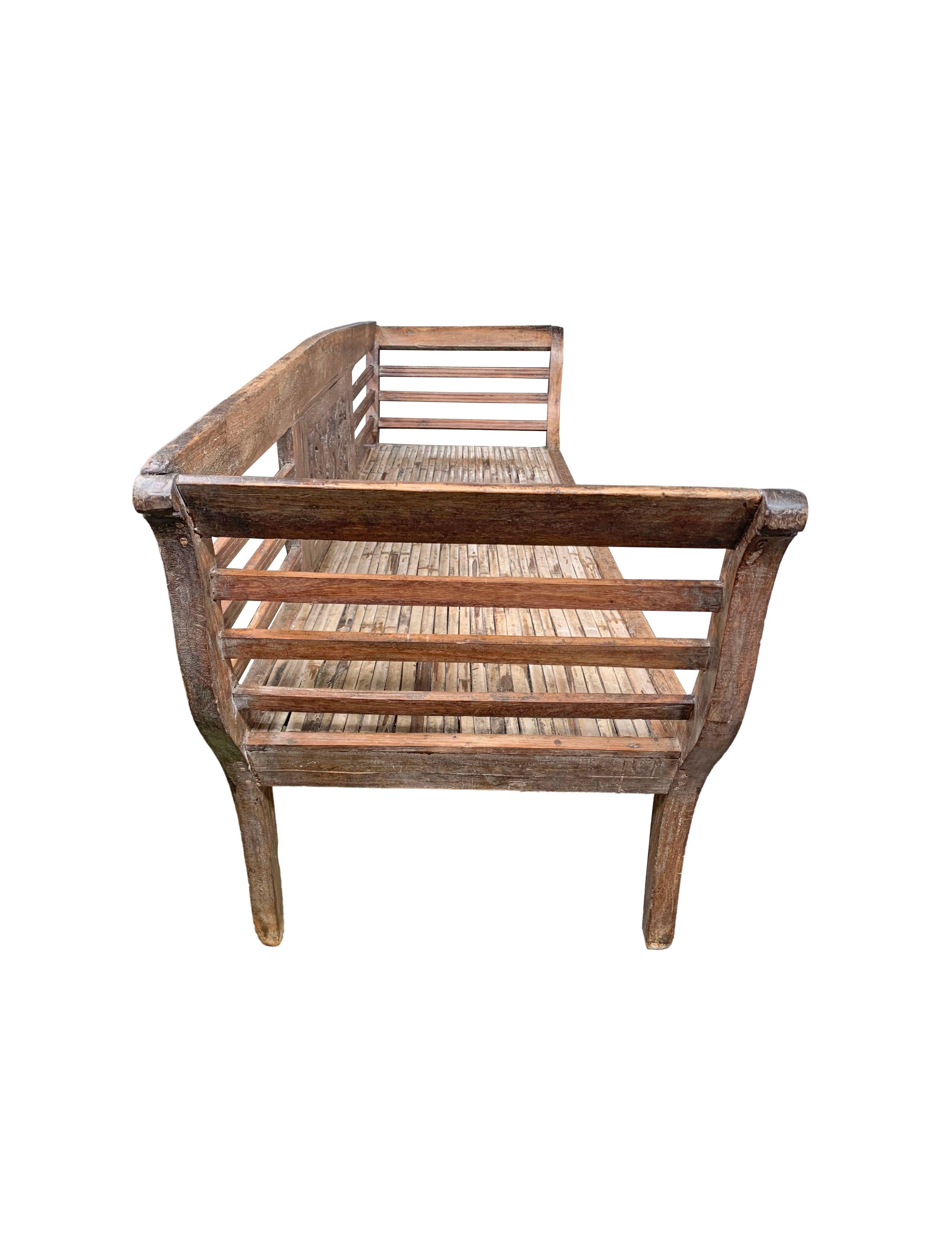 Teak & Bamboo Bench with Carved Detailing Madura Island, Java, Indonesia c. 1950 In Good Condition For Sale In Jimbaran, Bali