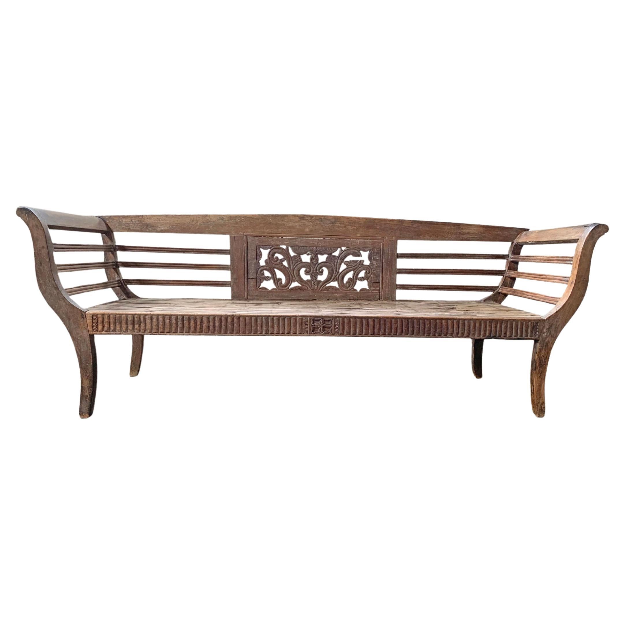 Teak & Bamboo Bench with Carved Detailing Madura Island, Java, Indonesia c. 1950 For Sale