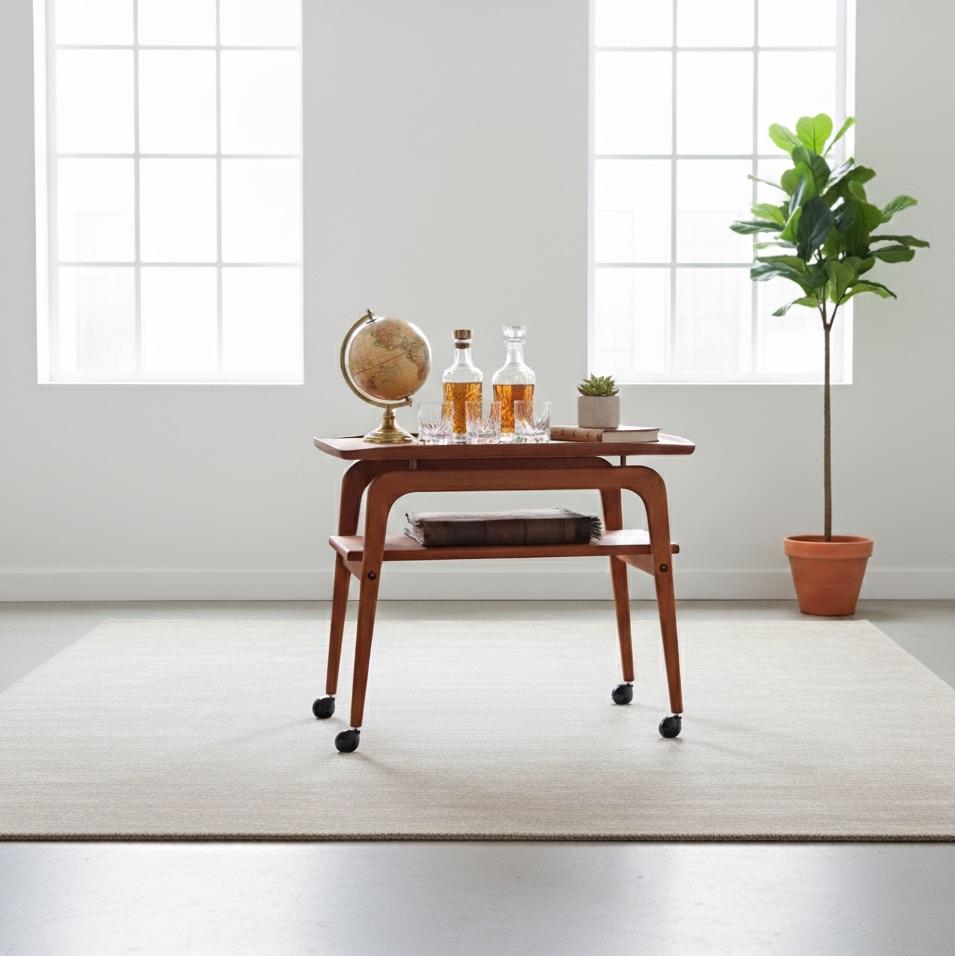 Elegant teak bar cart designed by Arne Hovmand-Olsen and produced by Mogens Kold in the 1960s. This beautifully crafted piece features clean Scandinavian lines and functional design, ideal for use as a serving trolley, bar cart, or side table.

In