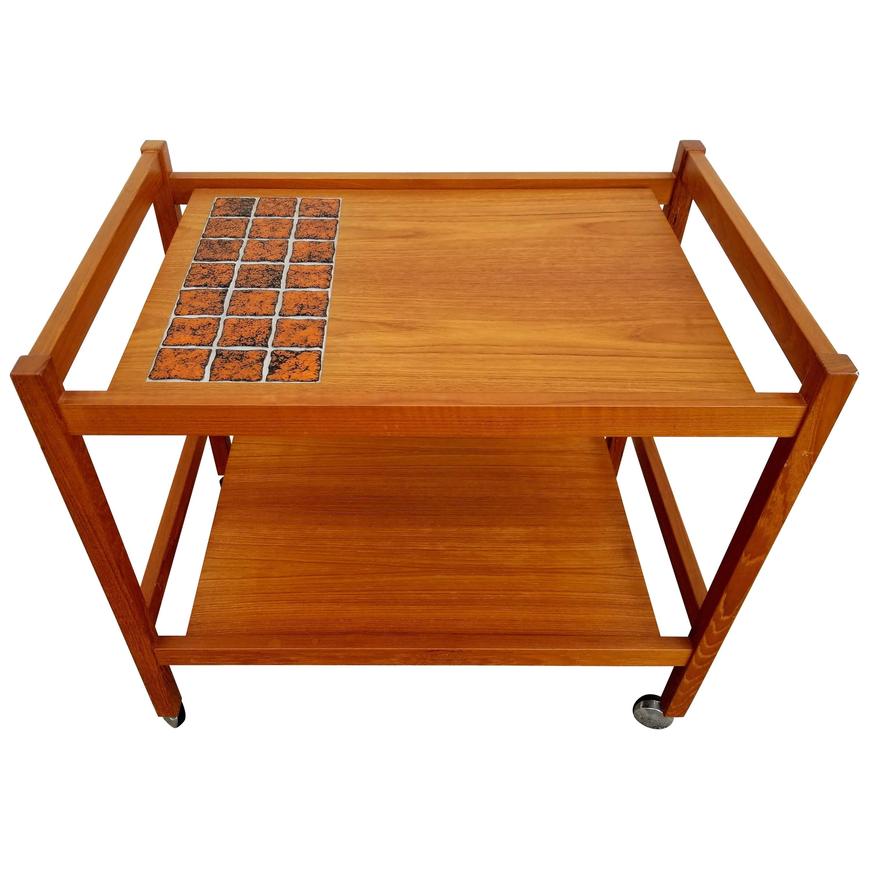 Teak Bar Cart  with Ceramic Tile For Sale