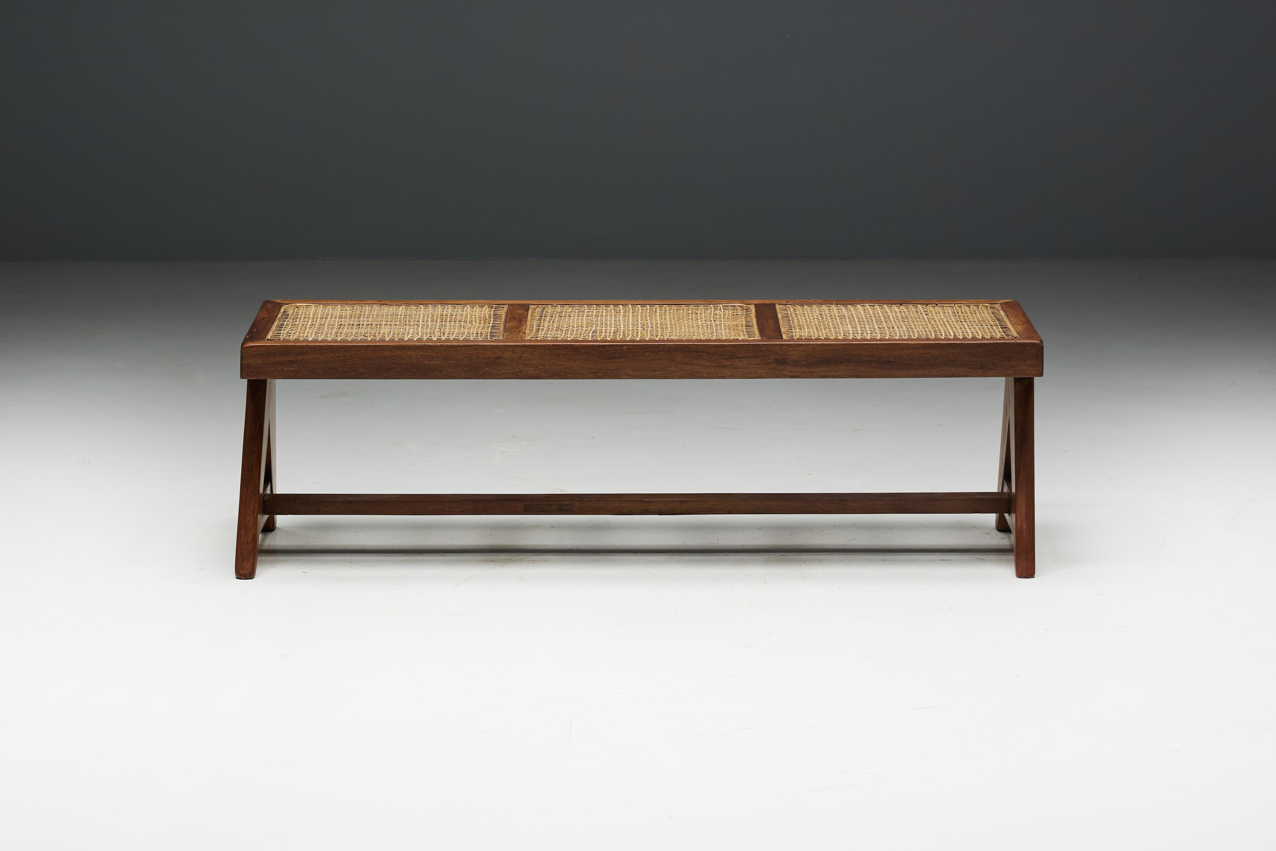 Cane Teak Bench PJ-SI-33B by Pierre Jeanneret, India, 1950s For Sale