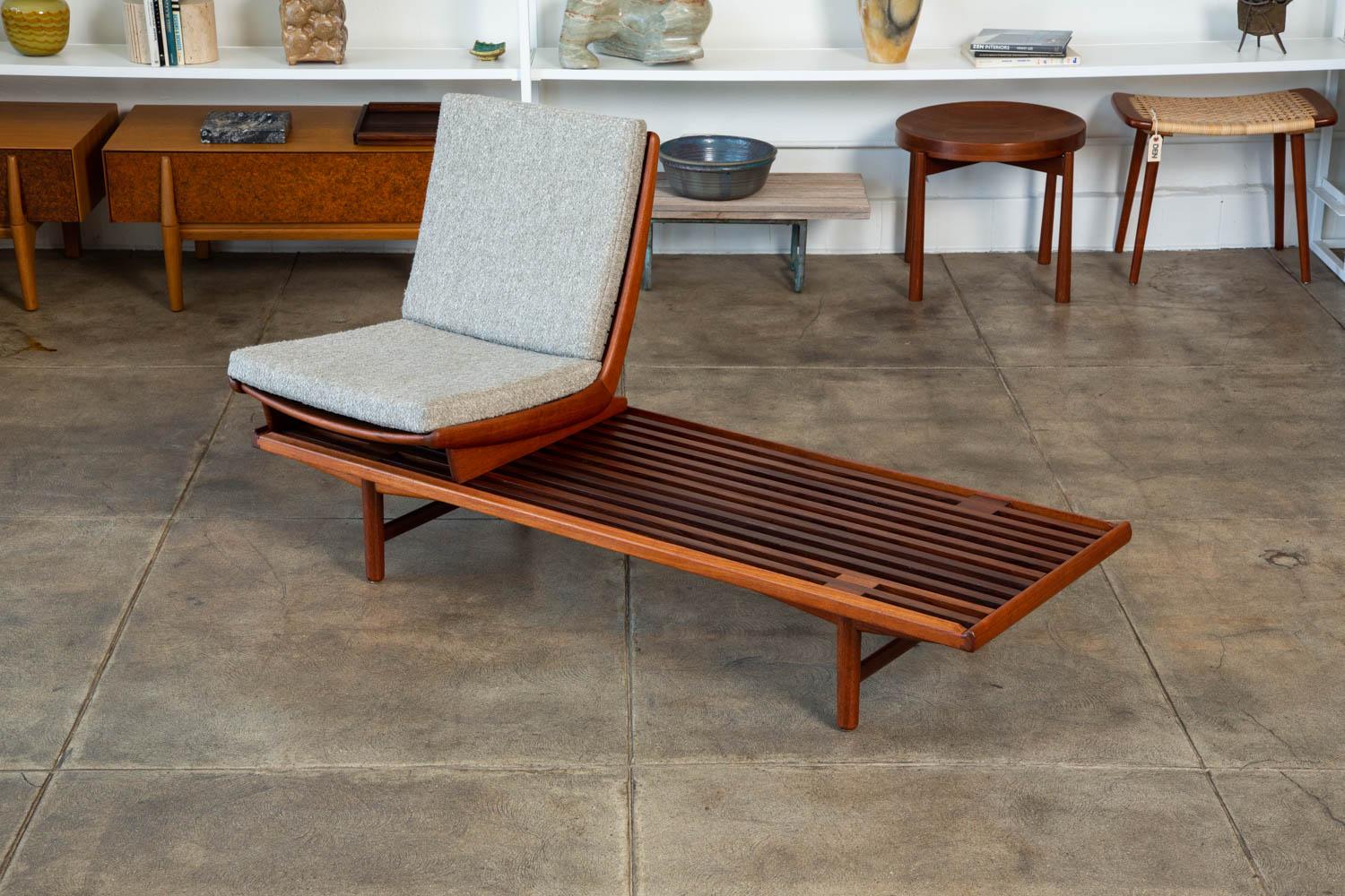 A teak slat bench with modular detachable seat by Westnofa, Norway, circa 1950s. This bench features an oiled teak frame with tongue and groove joinery on the exterior corners. The adjustable and removable chair has new Belgian wool bouclé cushions