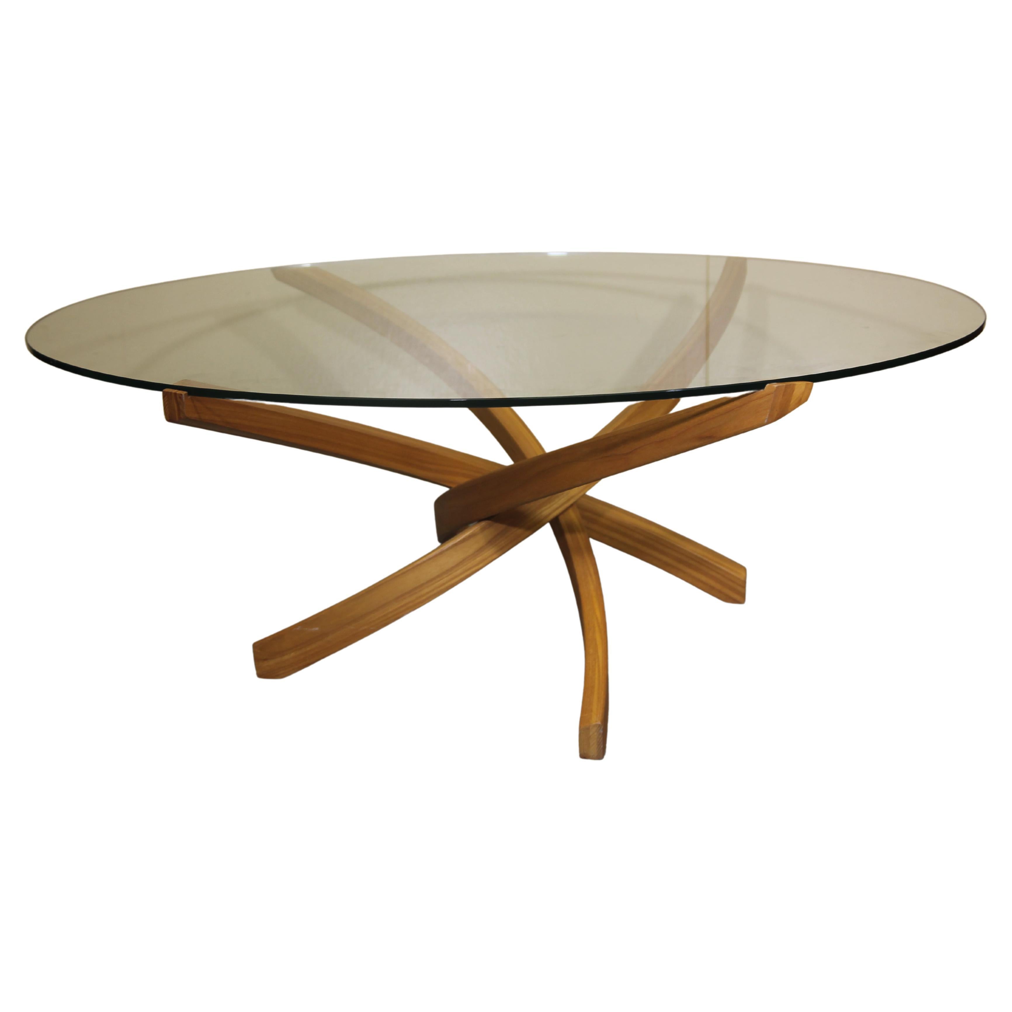 Teak Bentwood Coffee Table with Glass Top For Sale