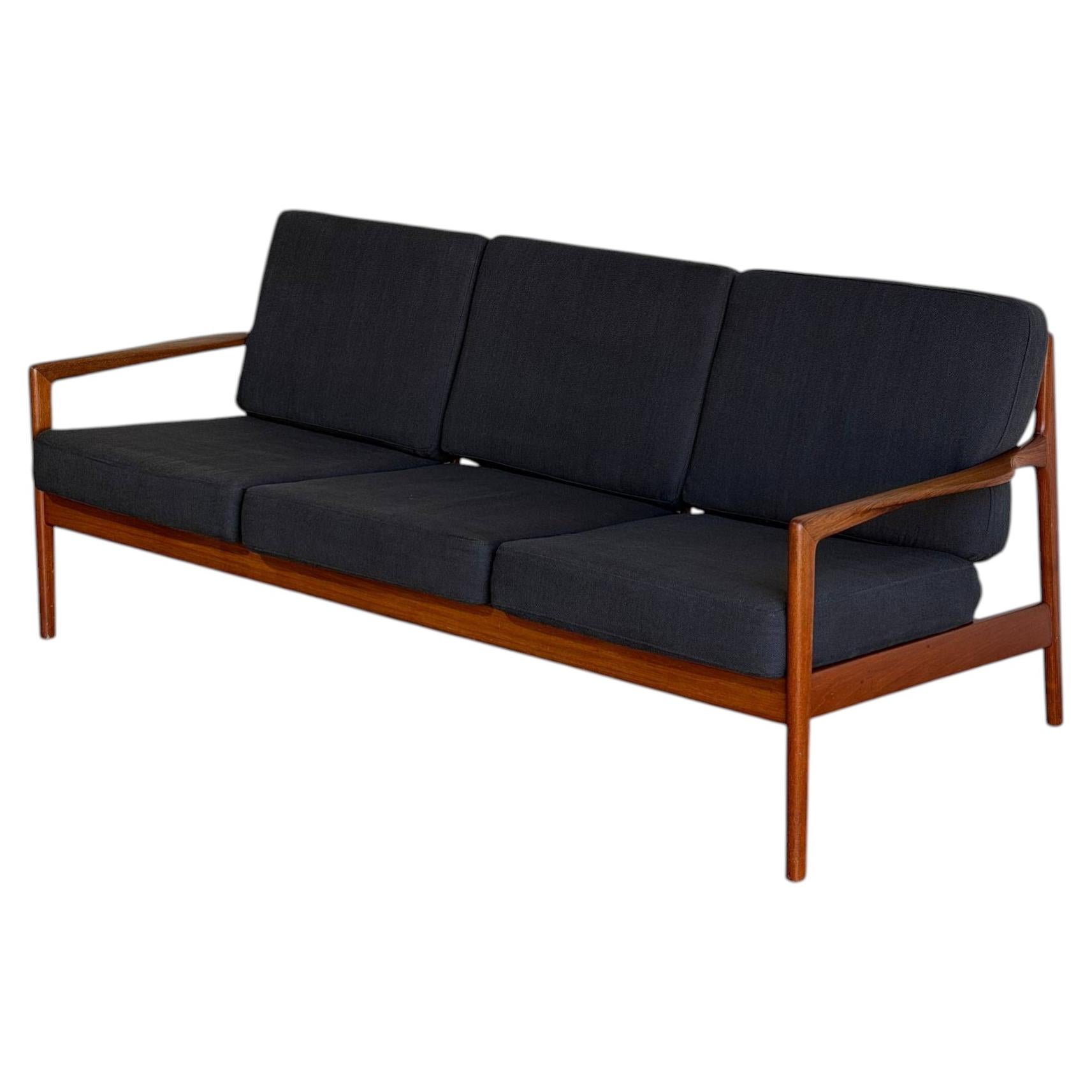 Teak Black 3 Seater Sofa Couch MCM Wooden Living Room Lounge Denmark 1960s