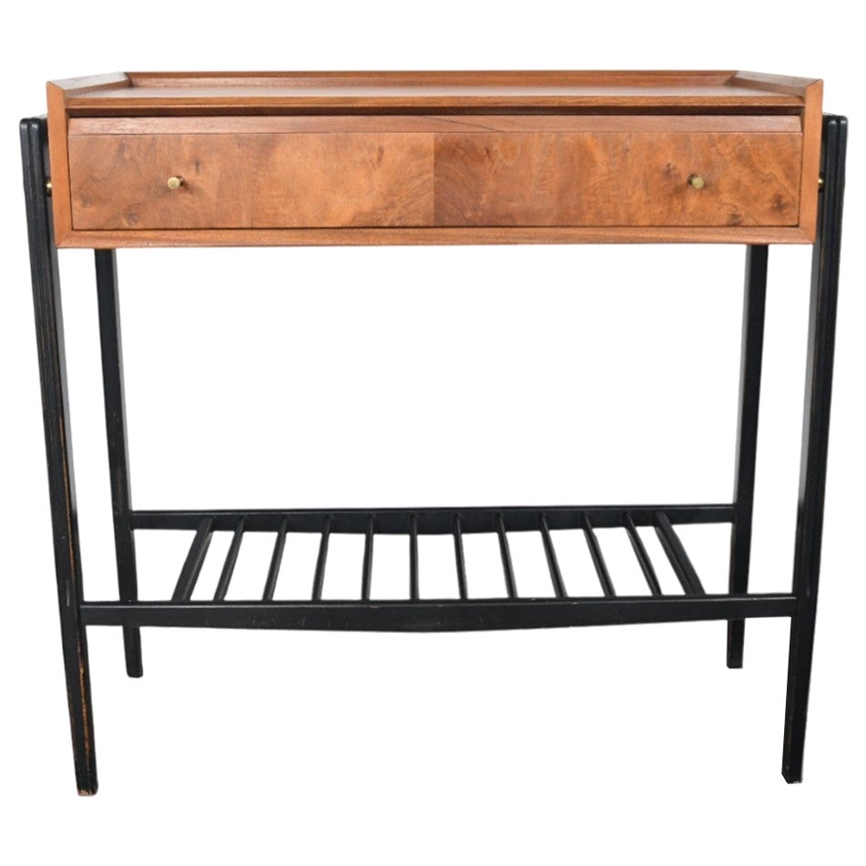 Teak + Black Lacquer Console Table With Drawer For Sale