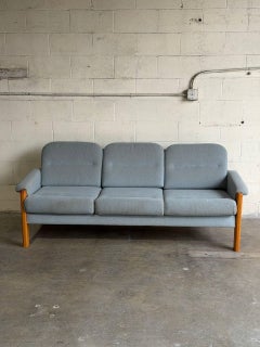 Teak Blue Sofa Mid-Century Modern 3 Seater Couch Broad Living Room Seating 1970s