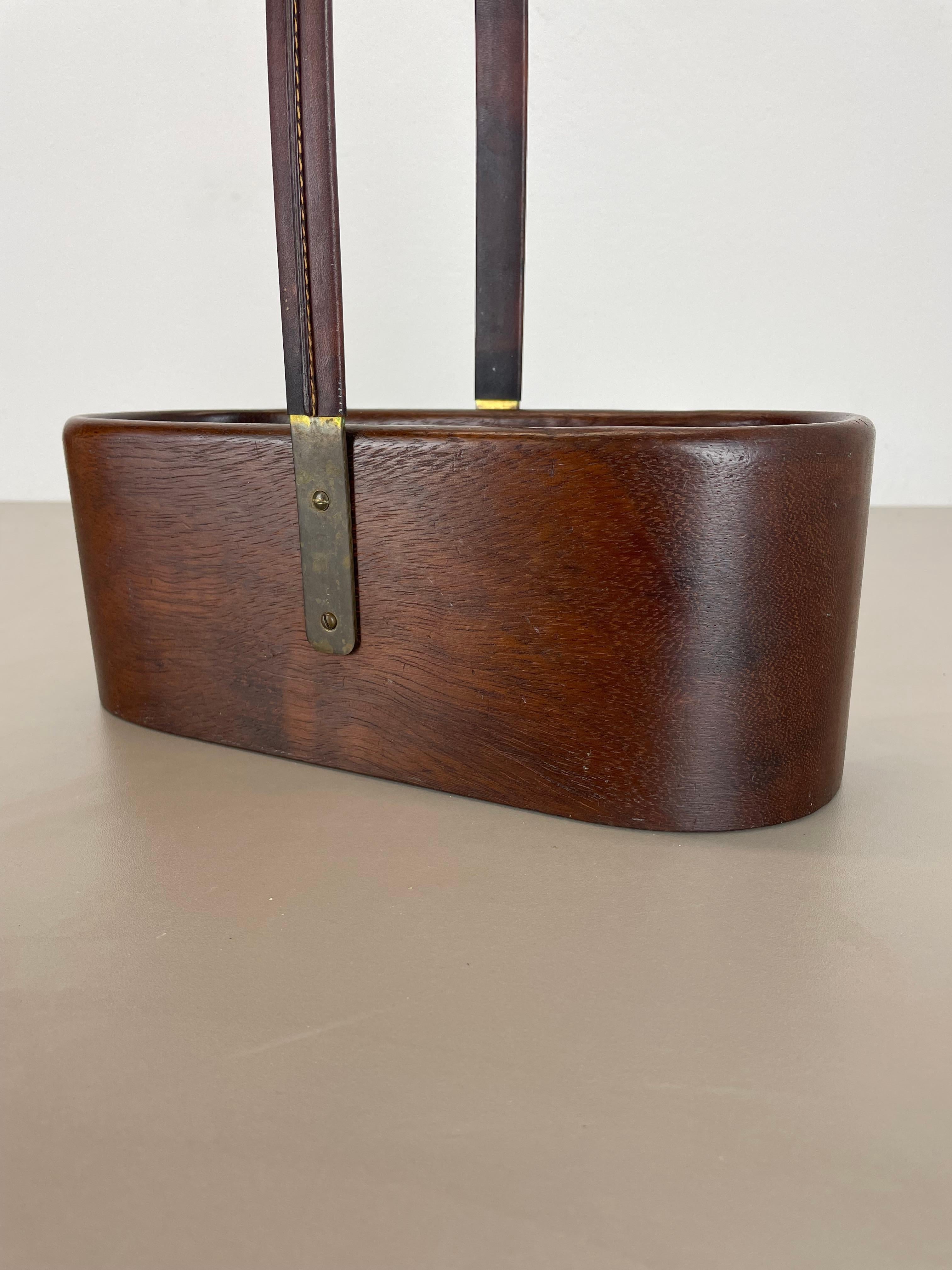 Teak Bottle Holder with Brass and Leather Handle by Carl Auböck, Austria, 1950s For Sale 5
