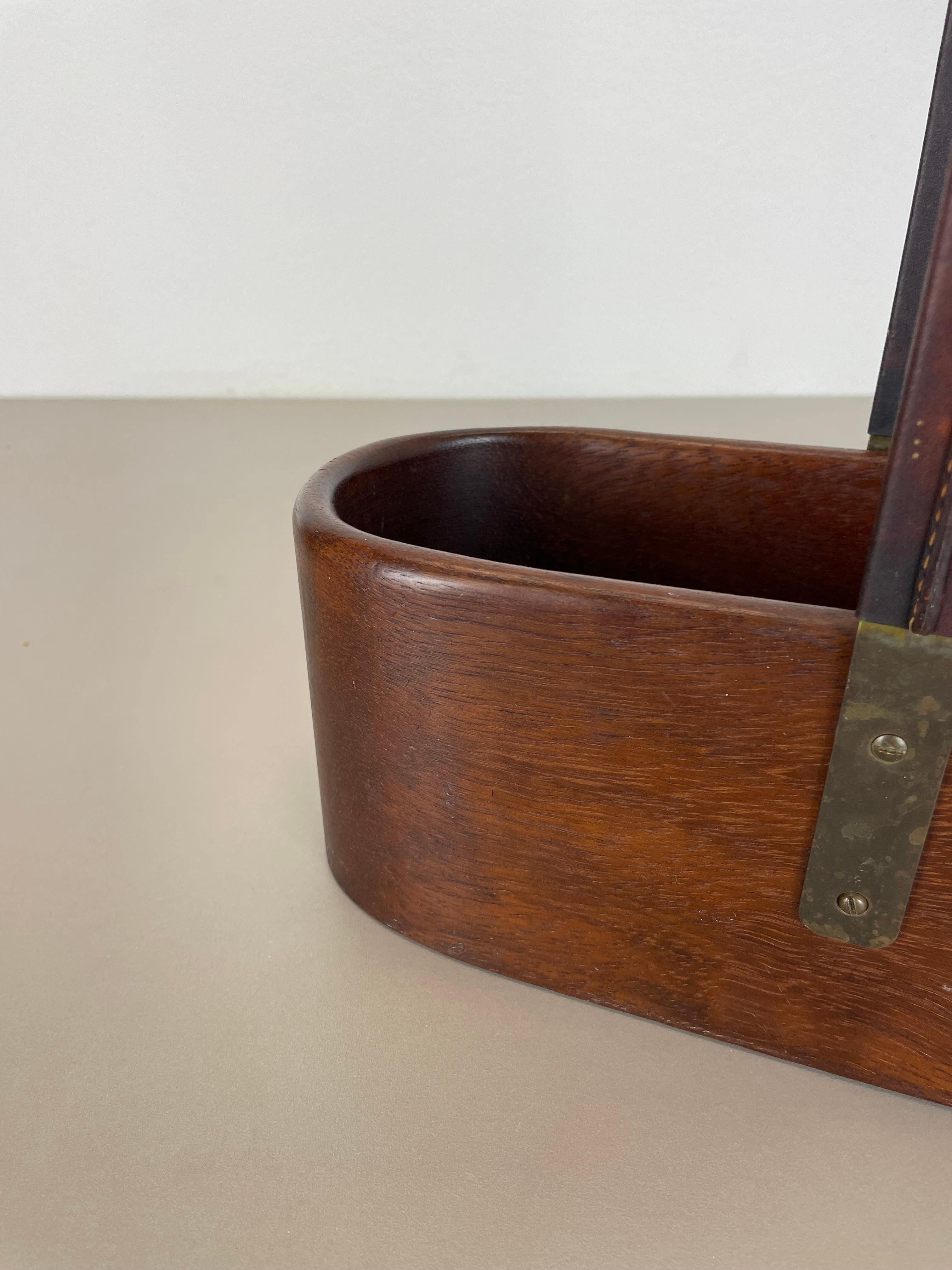 Austrian Teak Bottle Holder with Brass and Leather Handle by Carl Auböck, Austria, 1950s For Sale