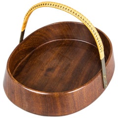 Teak Bowl with Brass and Rattan Handle by Carl Auböck, Austria, 1950s