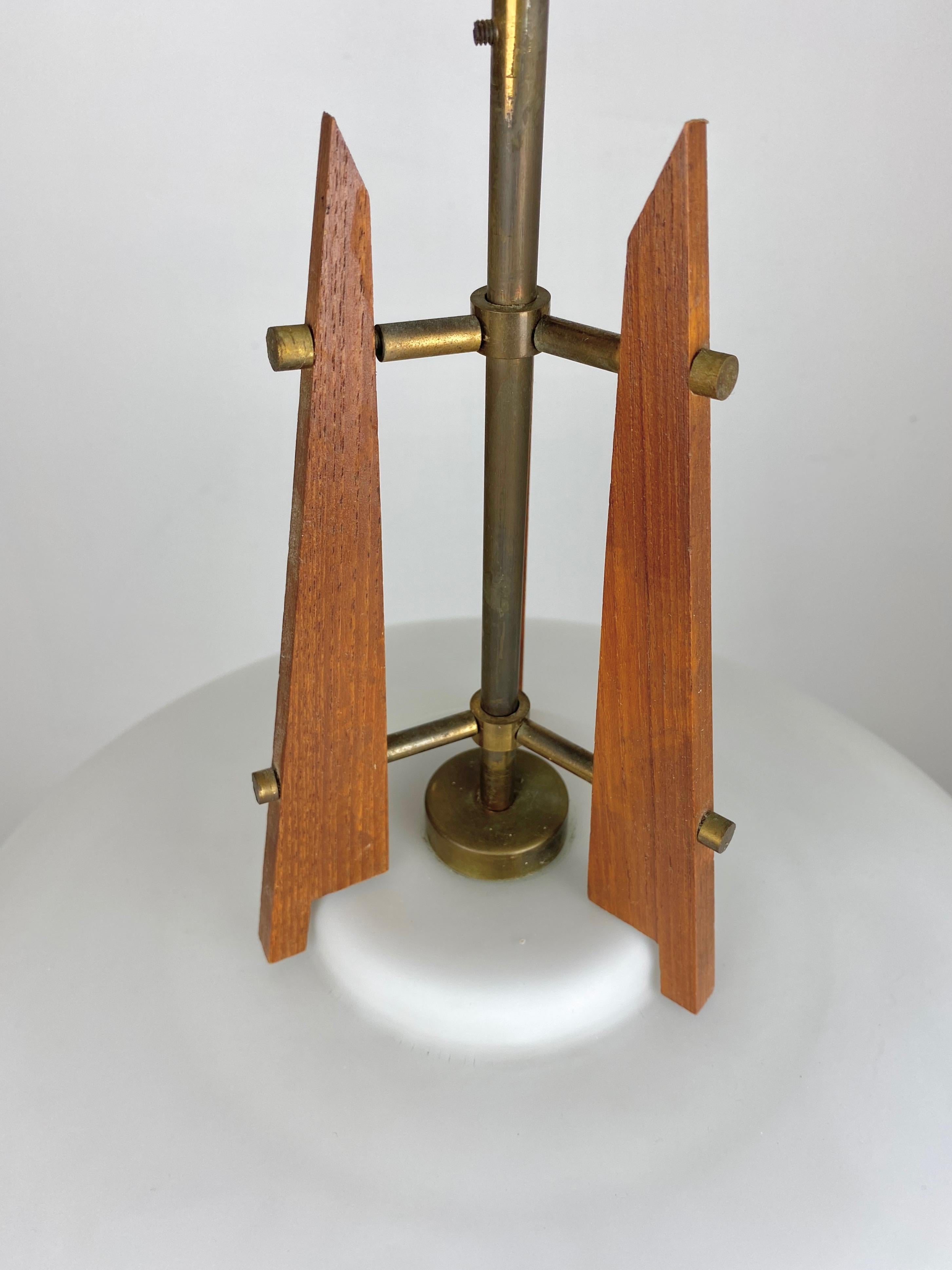 Metal Teak, Brass and Opaline Glass Chandelier Attributed to Stilnovo, Italy, 1960s For Sale