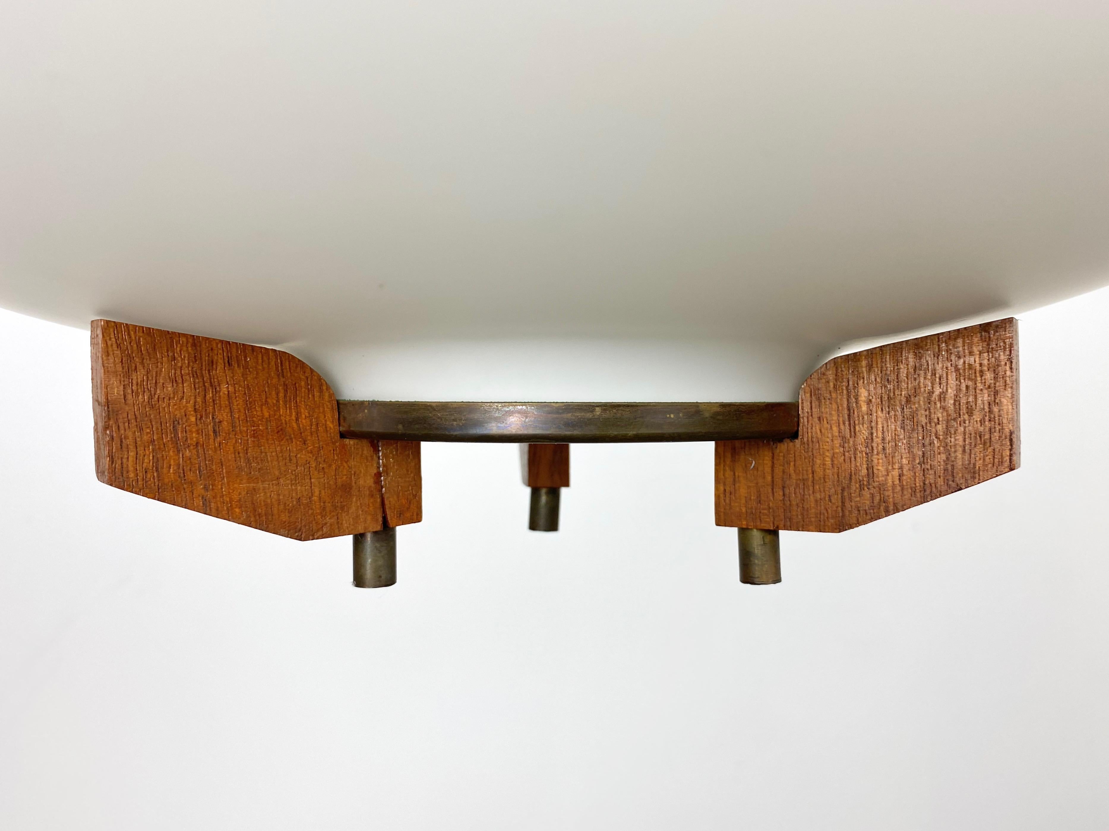 Teak, Brass and Opaline Glass Chandelier Attributed to Stilnovo, Italy, 1960s For Sale 1