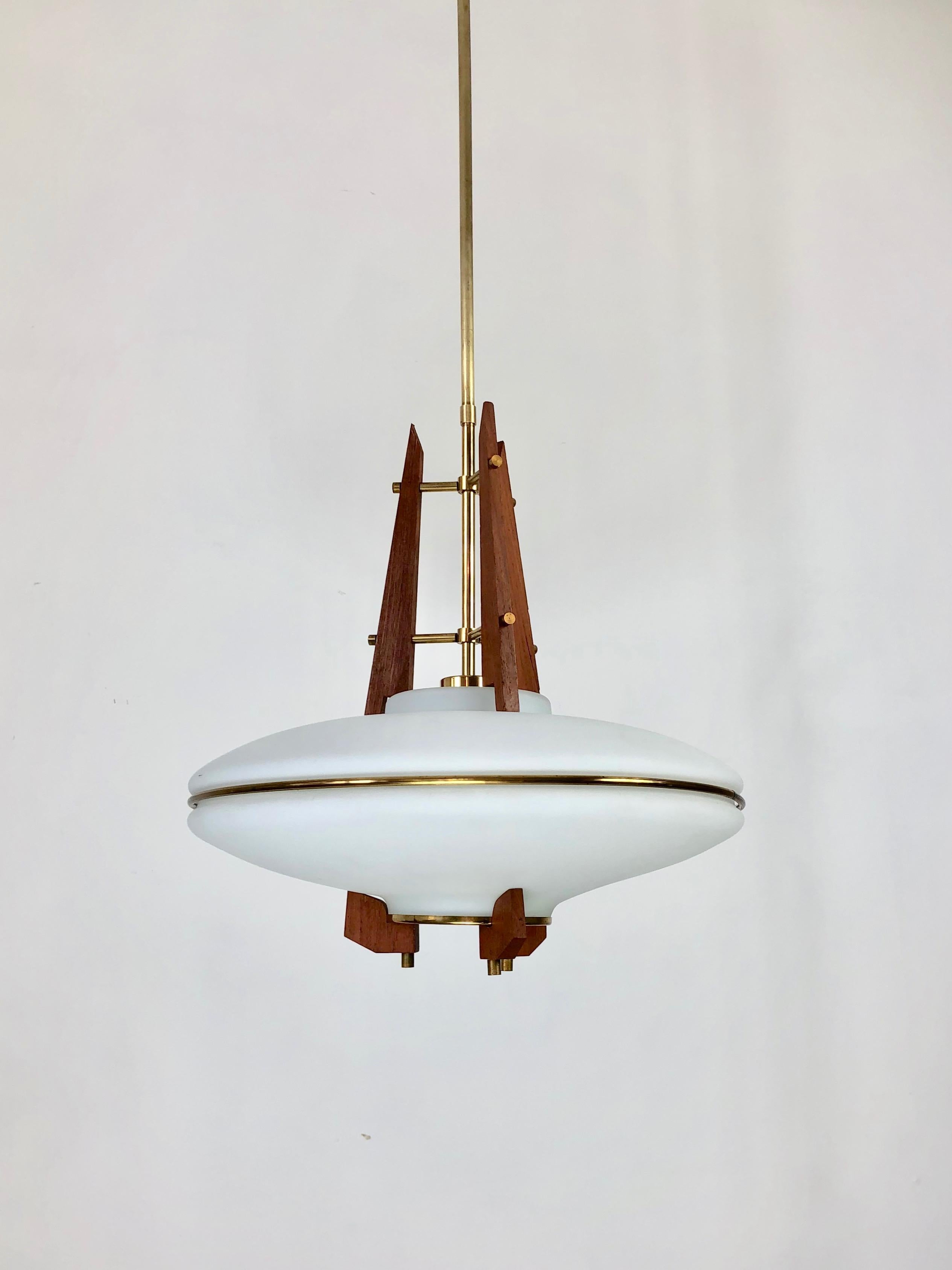 Mid-Century Modern Teak, Brass and Opaline Glass Italian Pendant Chandelier Attributed to Stilnovo For Sale