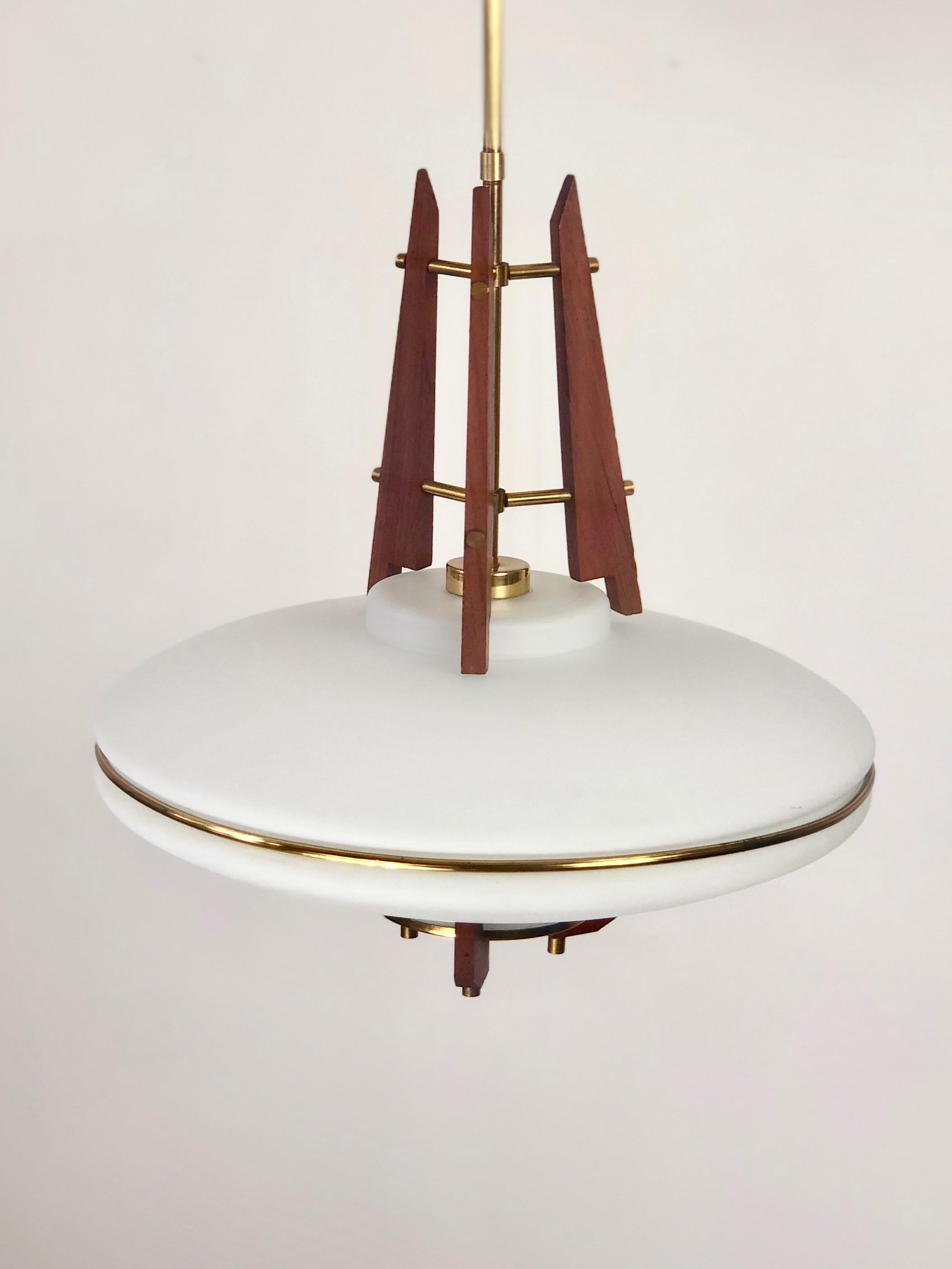 Mid-20th Century Teak, Brass and Opaline Glass Italian Pendant Chandelier Attributed to Stilnovo For Sale