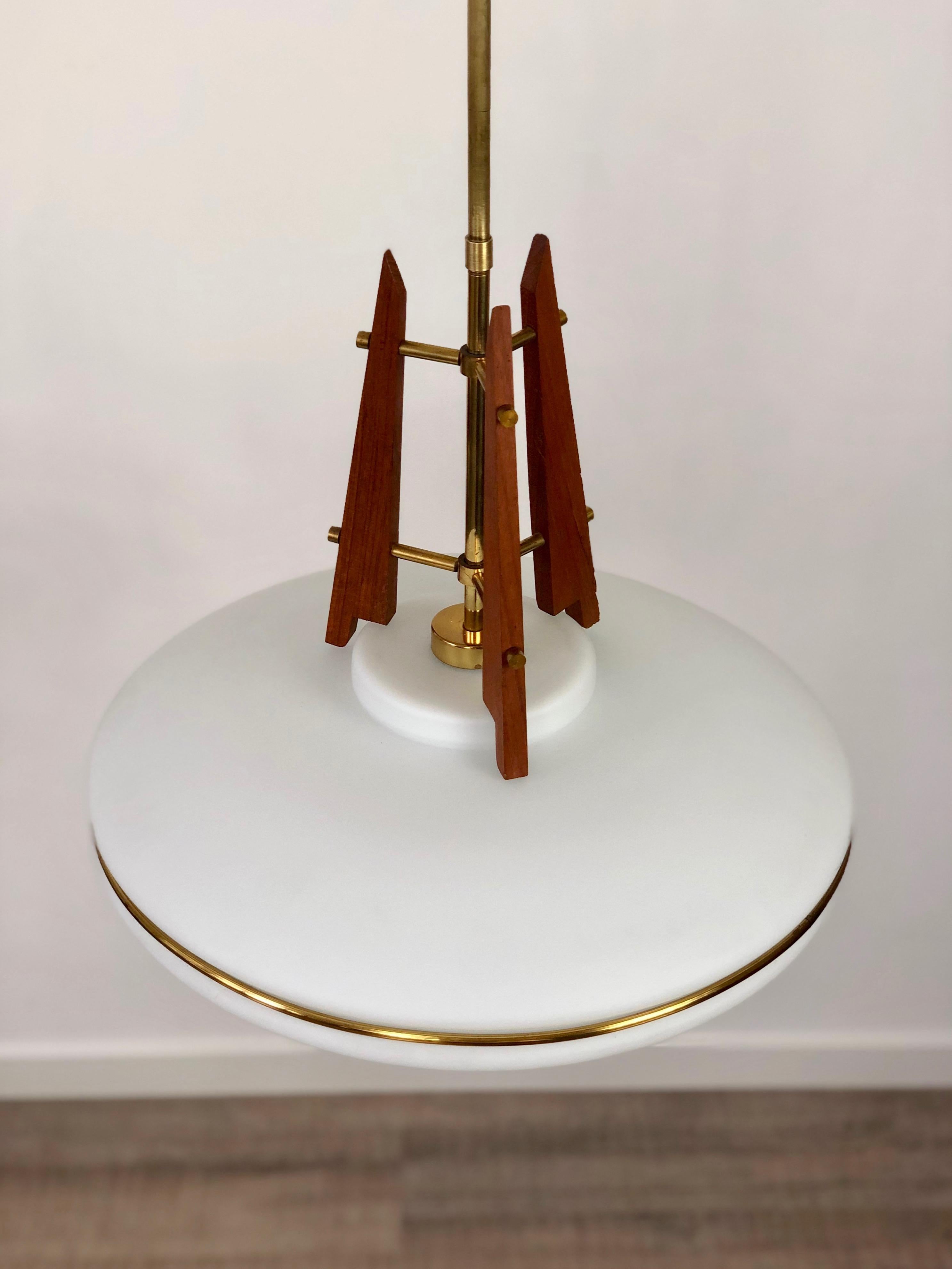 Metal Teak, Brass and Opaline Glass Italian Pendant Chandelier Attributed to Stilnovo For Sale