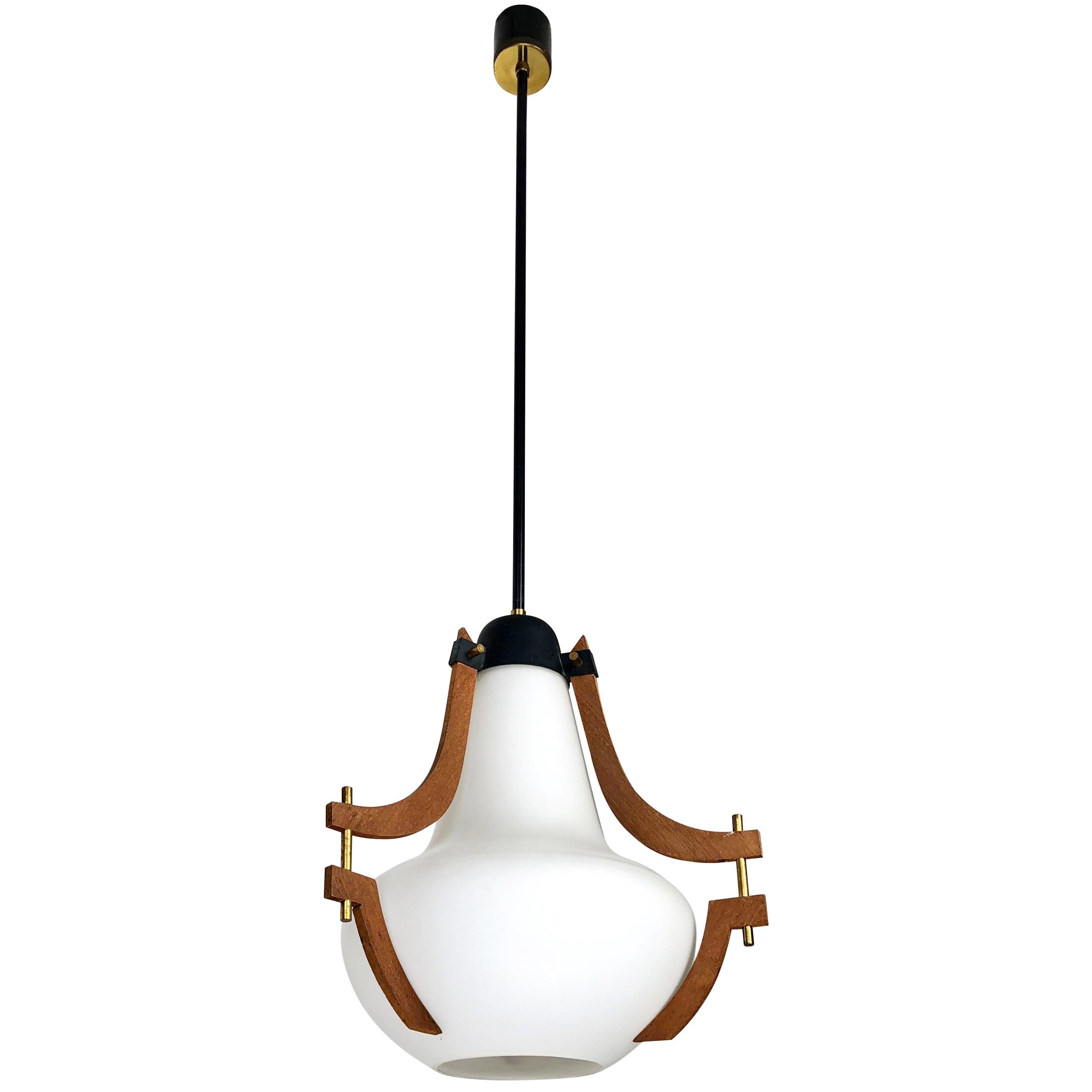 Teak, Brass and Opaline Glass Italian Pendant Chandelier Attributed to Stilnovo