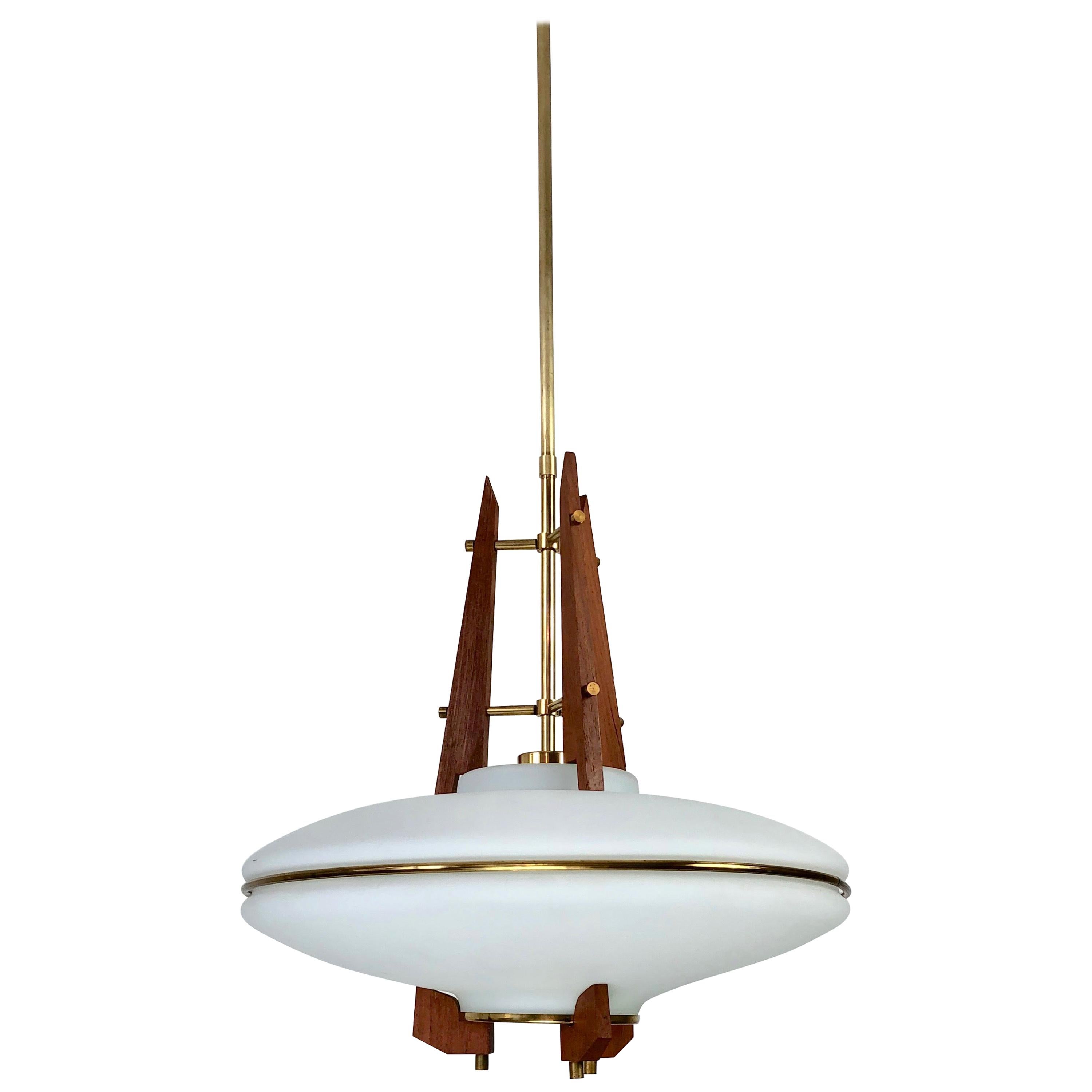 Teak, Brass and Opaline Glass Italian Pendant Chandelier Attributed to Stilnovo For Sale