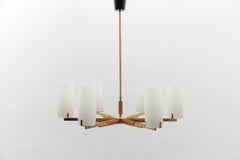 Teak, Brass and Opaline Glass Pendant Lamp by Kaiser Leuchten, 1960s