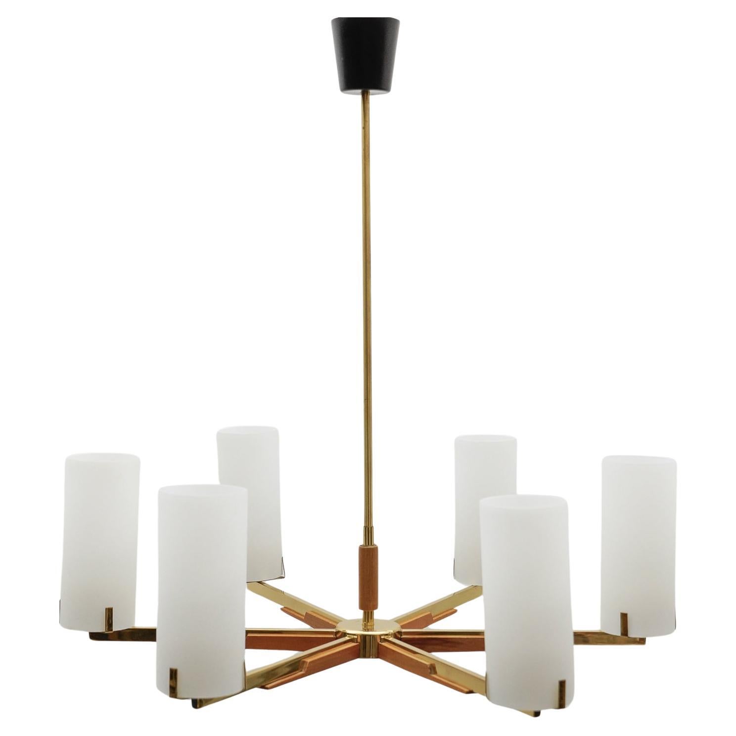 Pendelleuchte aus Teakholz, Messing und Opalglas von Kaiser Leuchten, 1960er Jahre im Angebot
