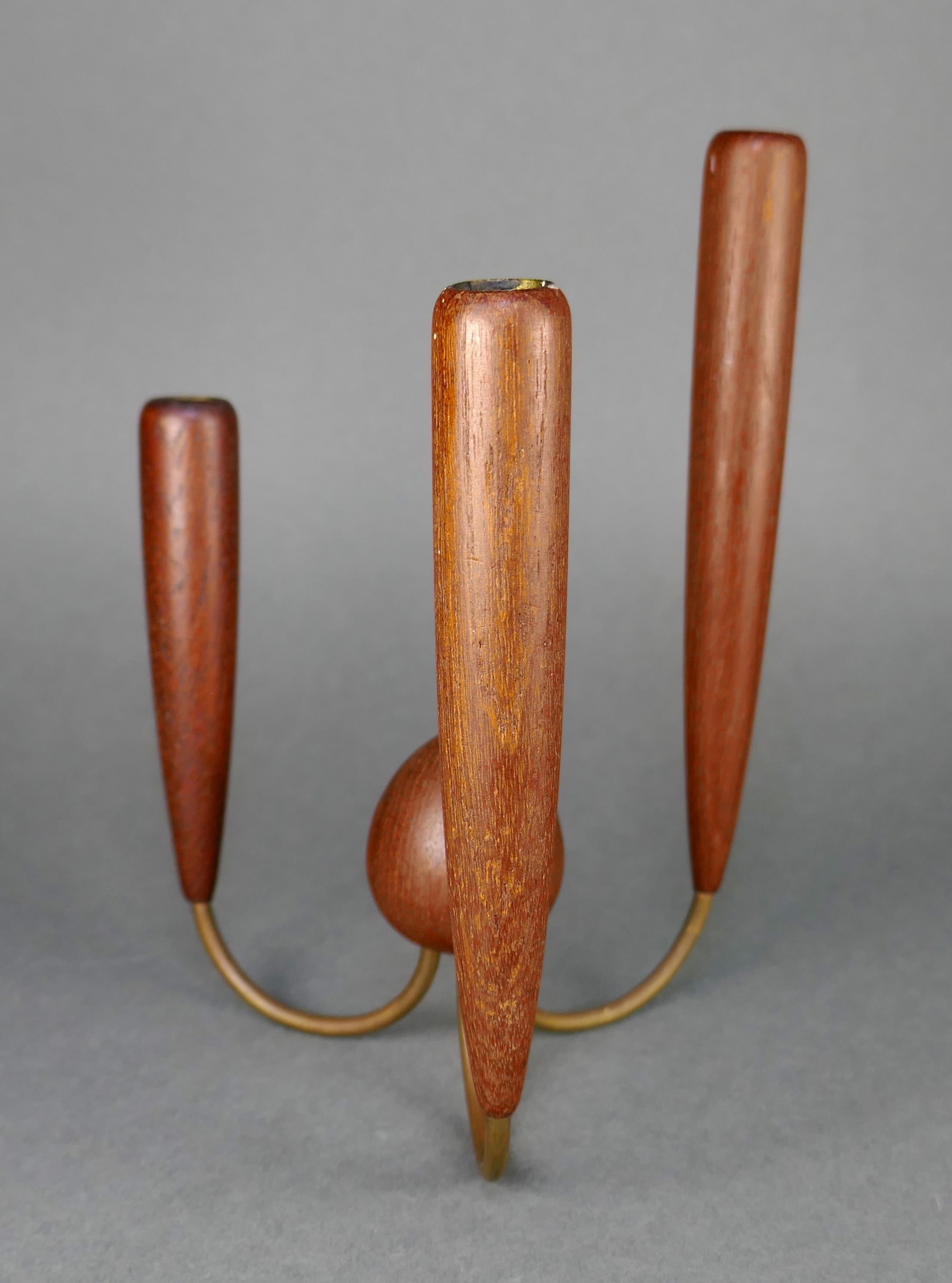 Danish Teak & Brass Three Tiered Candelabra from Denmark