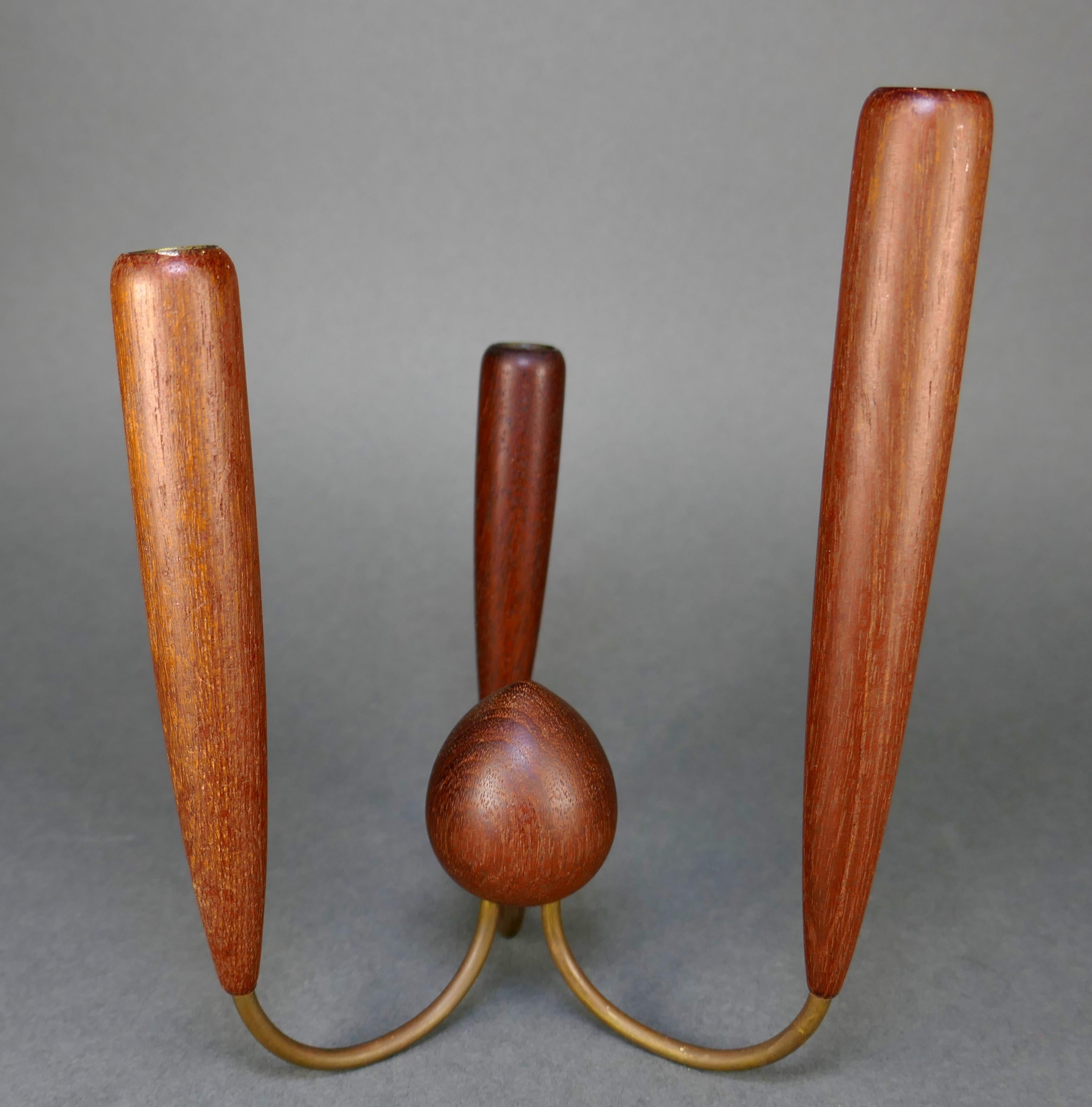 Carved Teak & Brass Three Tiered Candelabra from Denmark
