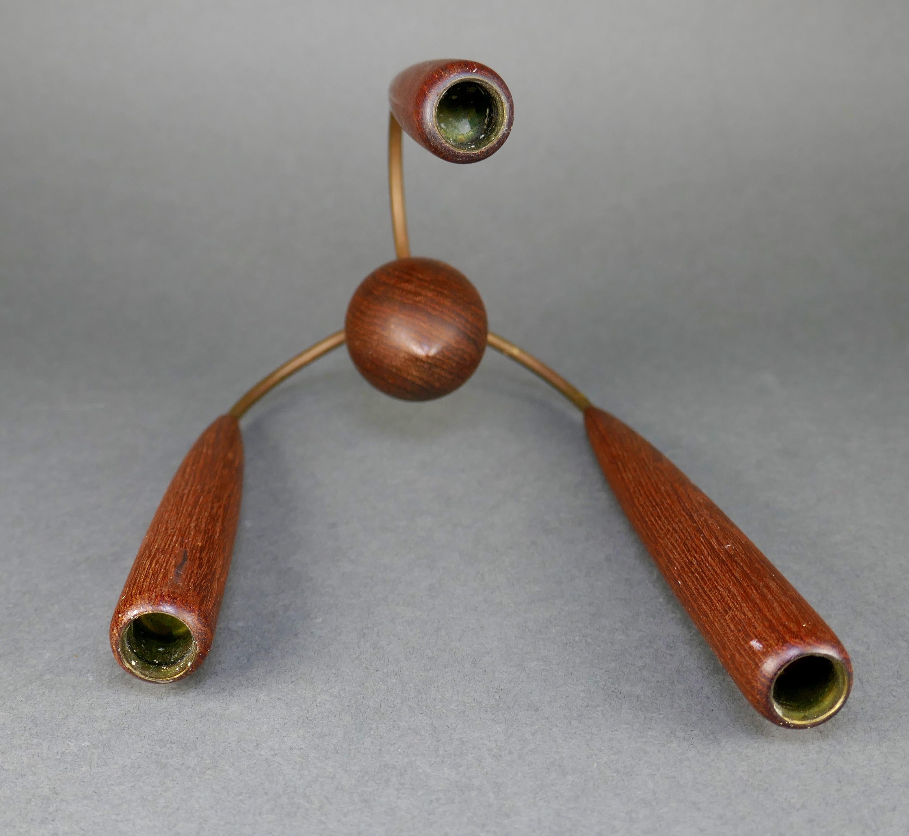 20th Century Teak & Brass Three Tiered Candelabra from Denmark