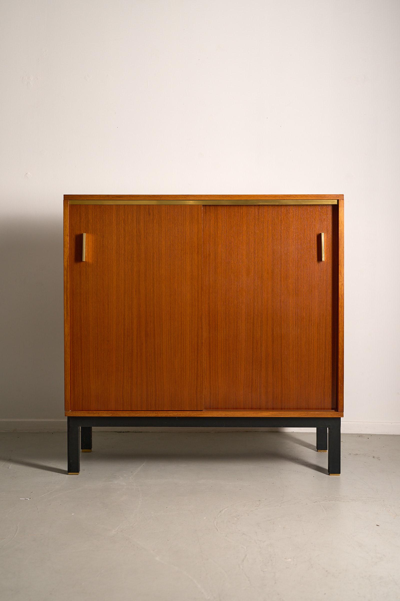 Teak cabinet with brass details & black metal base, 1970s For Sale 4