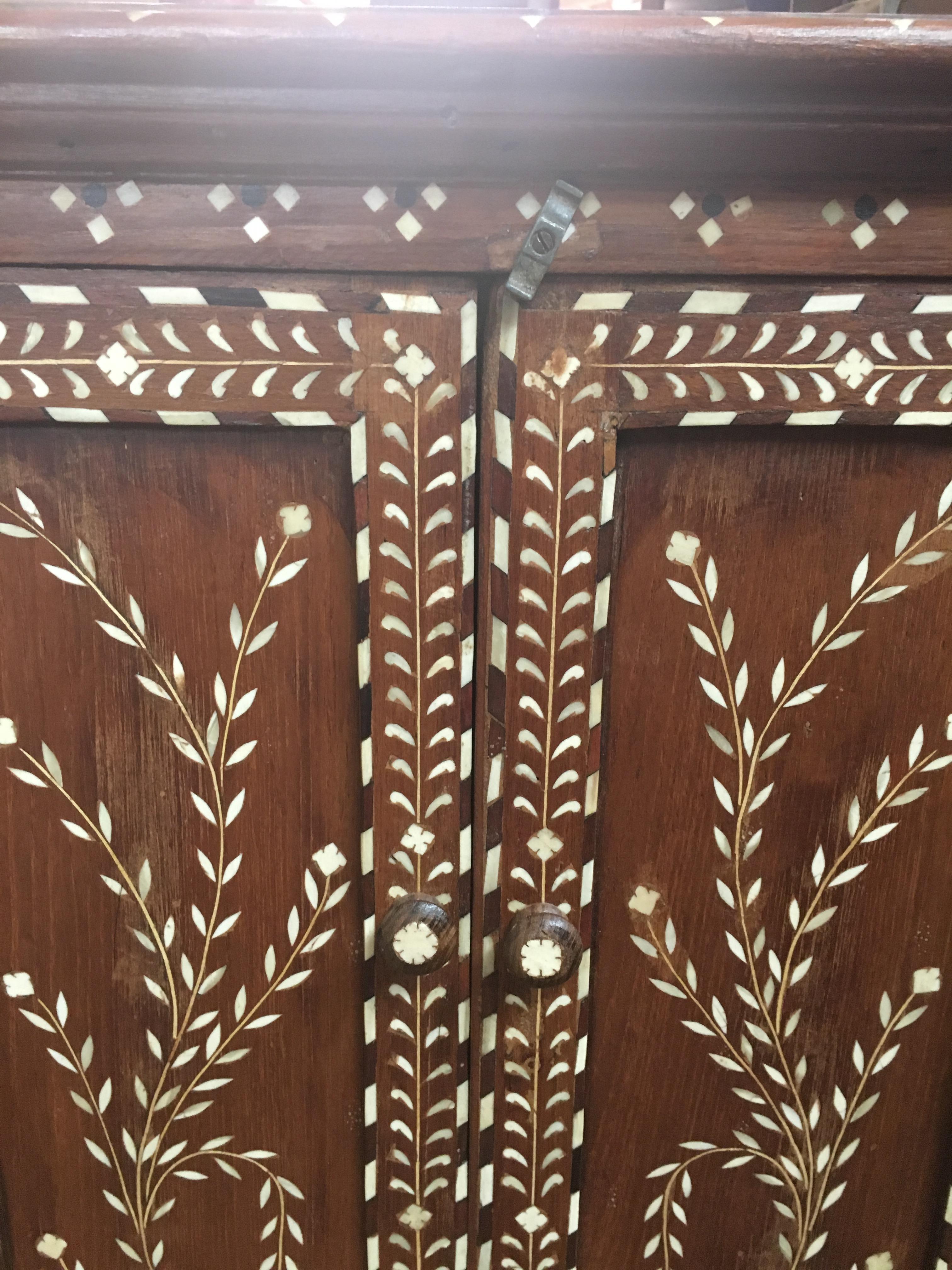 Indian Teak Cabinet with Intricate Inlay, Mid-1900s