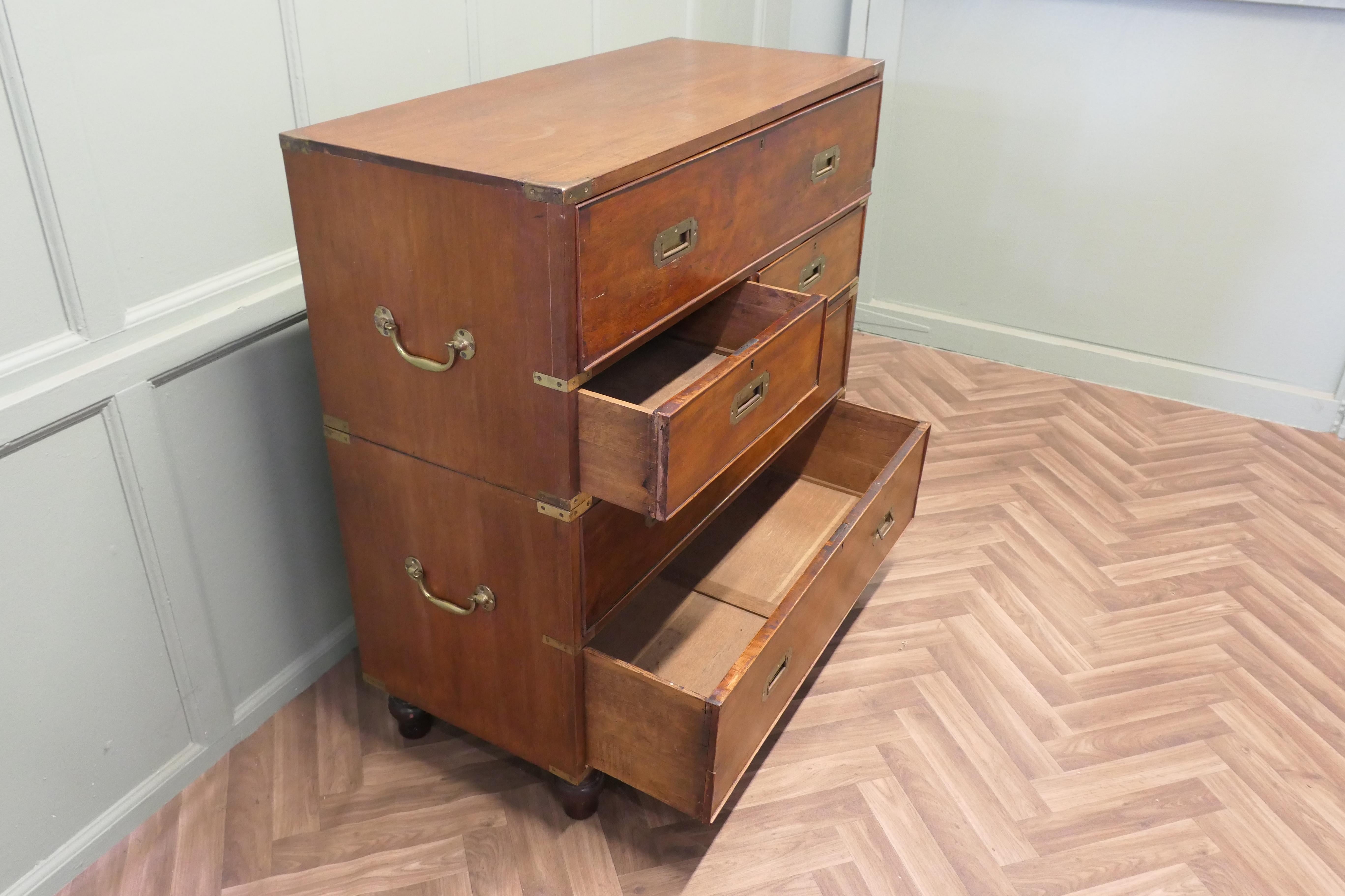Teak Campaign Chest, 2 Piece Secretaire   This is a delightful piece In Good Condition For Sale In Godshill, Isle of Wight
