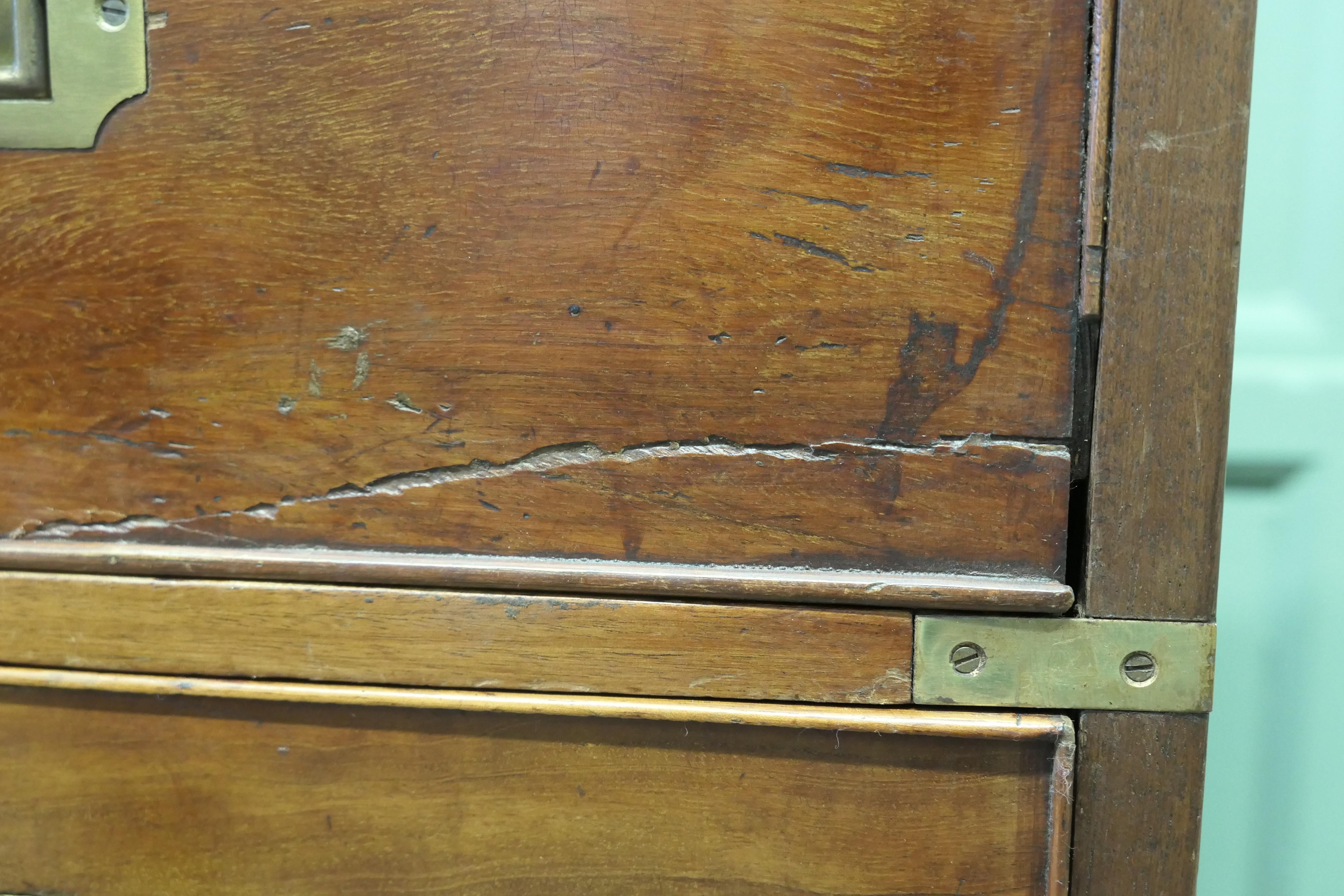 Early 20th Century Teak Campaign Chest, 2 Piece Secretaire   This is a delightful piece For Sale
