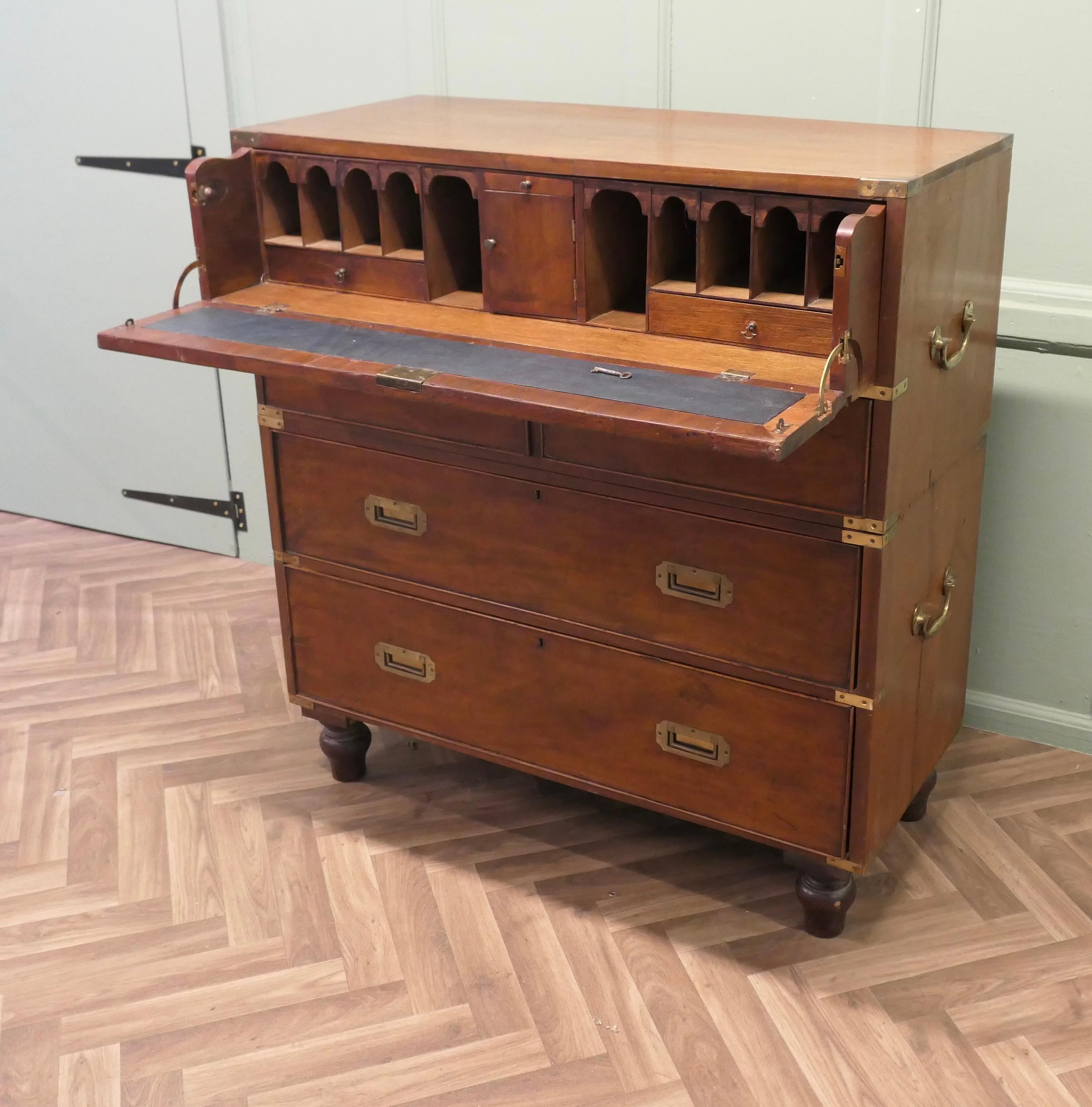Teak Campaign Chest, 2 Piece Secretaire   This is a delightful piece For Sale 1