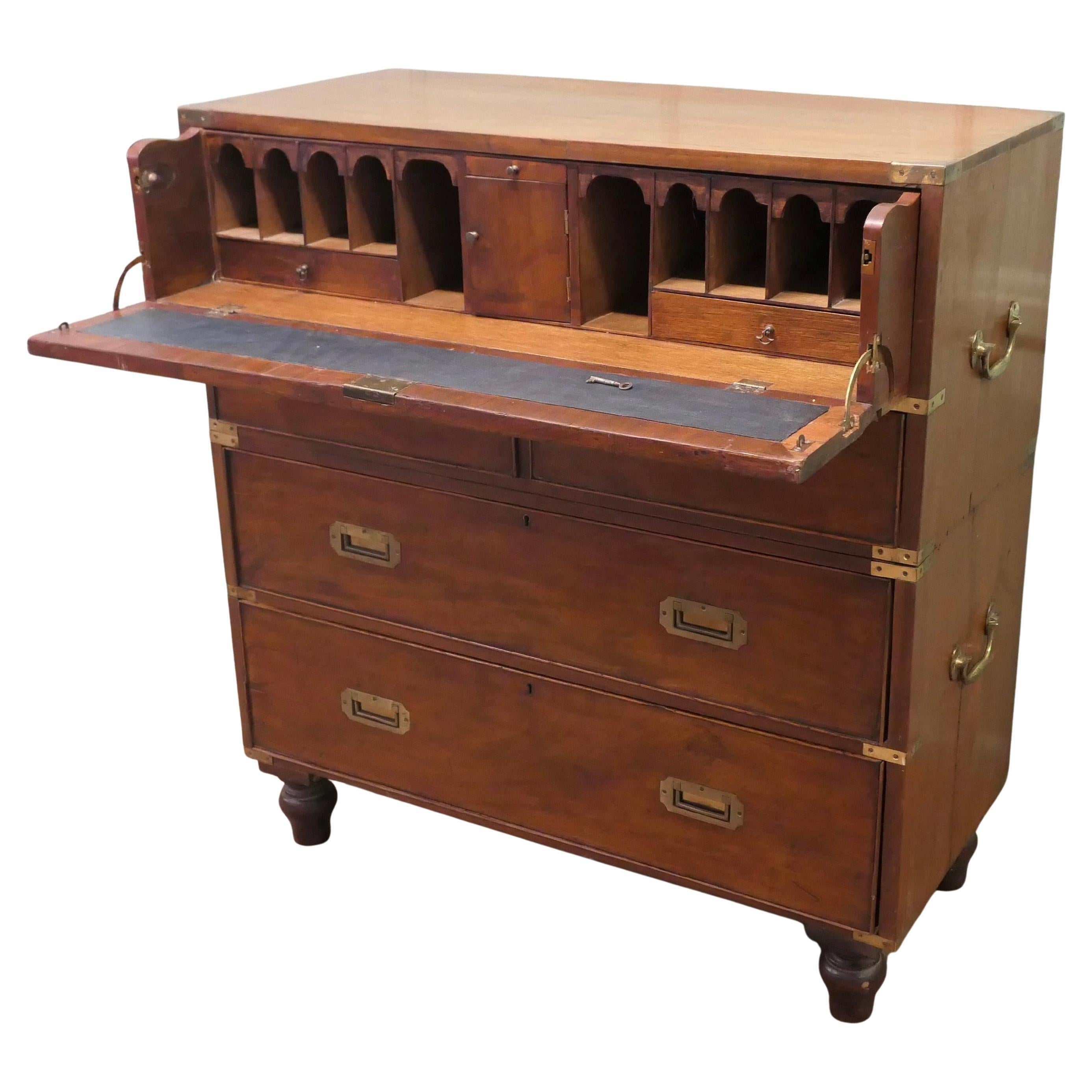 Teak Campaign Chest, 2 Piece Secretaire   This is a delightful piece For Sale