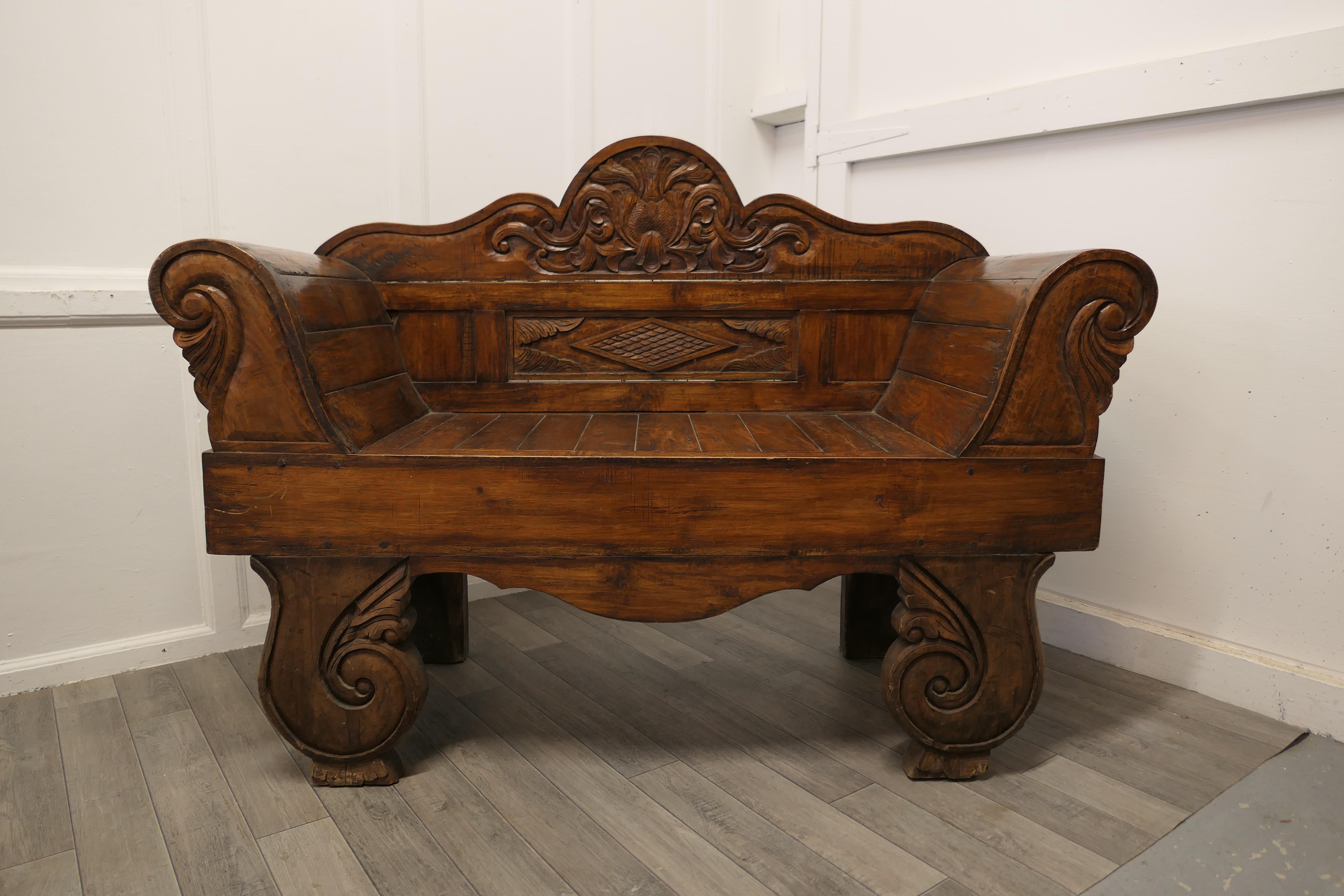 Anglo-Indian Teak Carved Settee, Bench For Sale