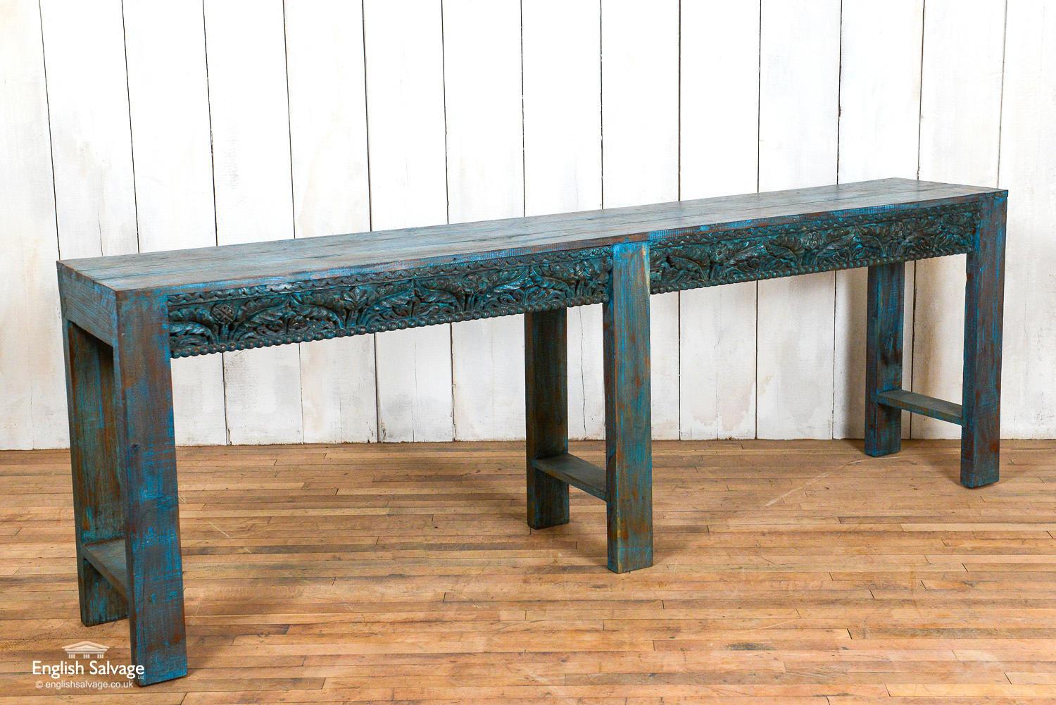 Teak carved sideboard or console table with distressed paint. Made using original carvings.