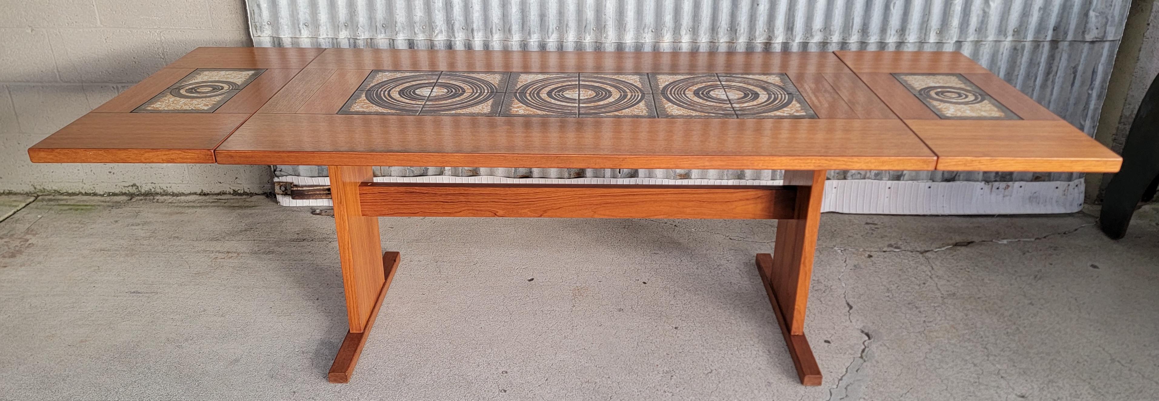 Teak & Ceramic Tile Danish Modern Expanding Dining Table In Good Condition In Fulton, CA