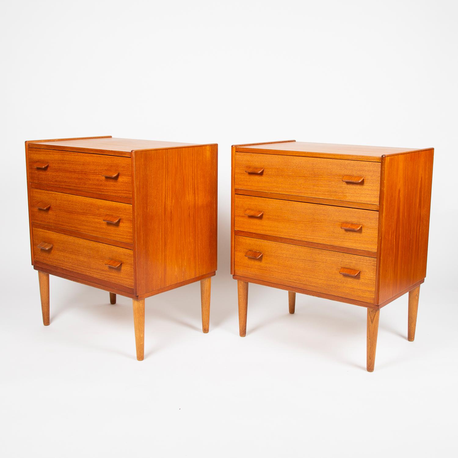A pair of 1960s teak chest of drawers design by Poul Volther for Munch Møbler of Slagelse, Denmark.

Each with three drawers.

Backs have marker's mark.

