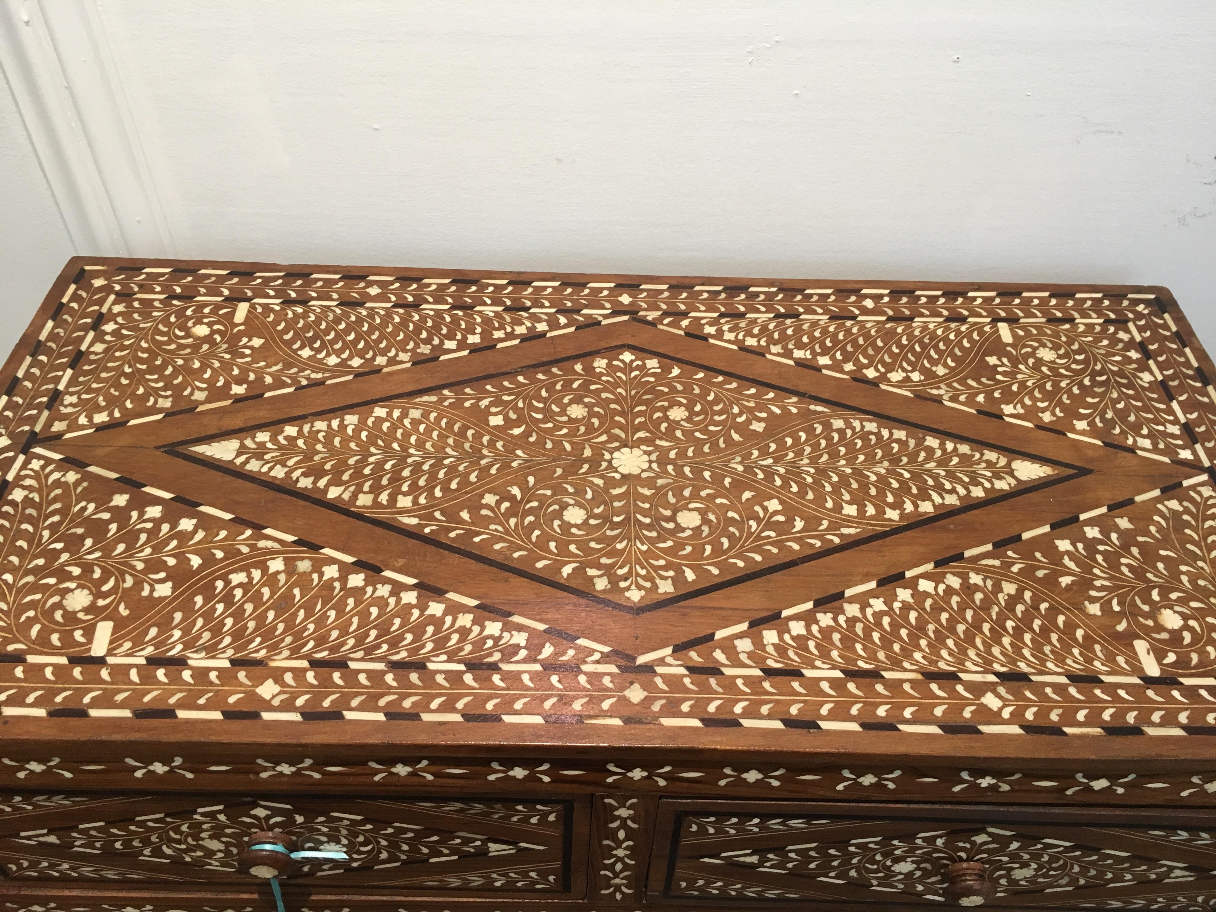 Indian Teak Chest of Drawers with Bone Inlay, 20th Century, India