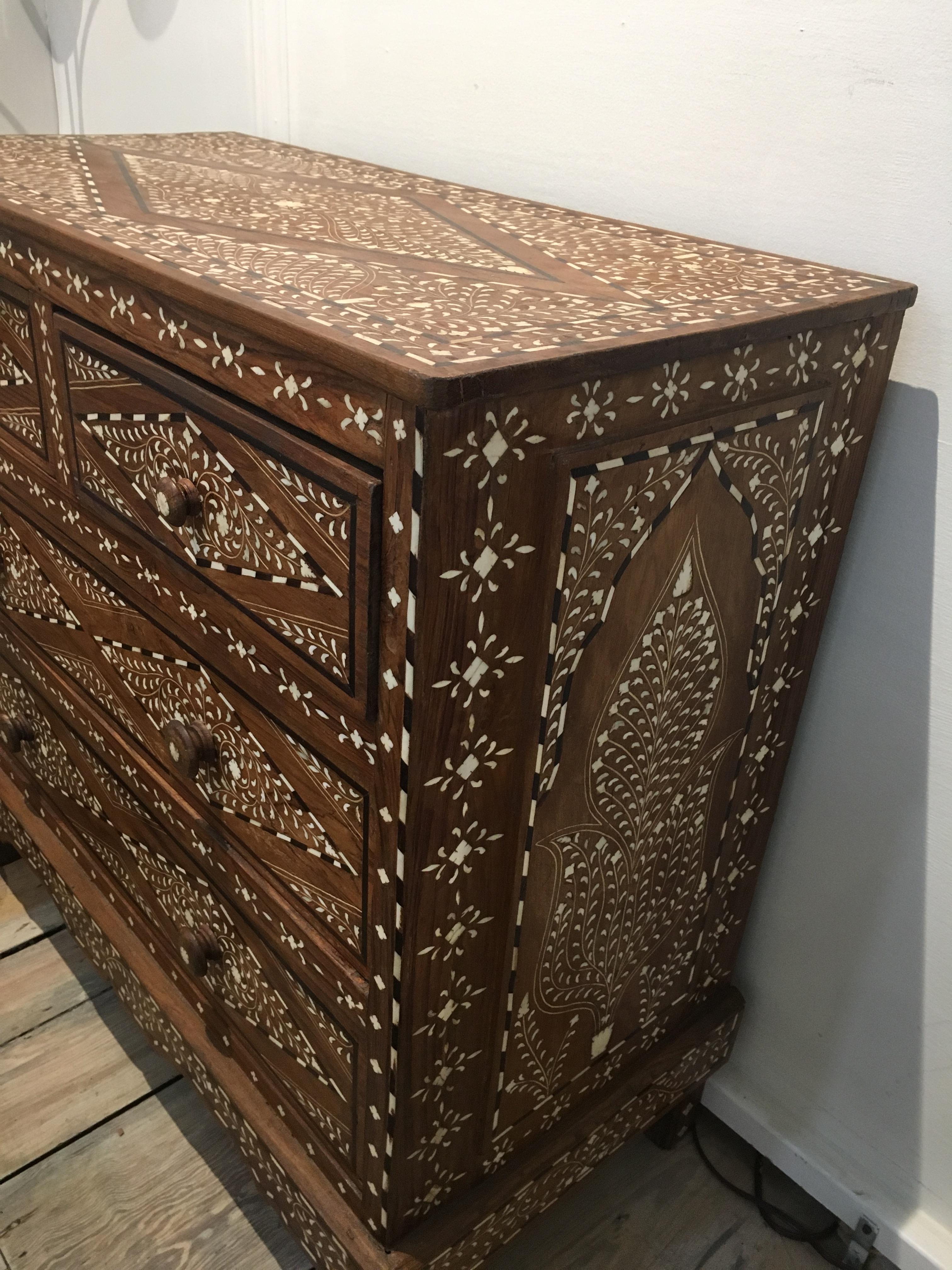 Teak Chest of Drawers with Bone Inlay, 20th Century, India In Good Condition In Nantucket, MA