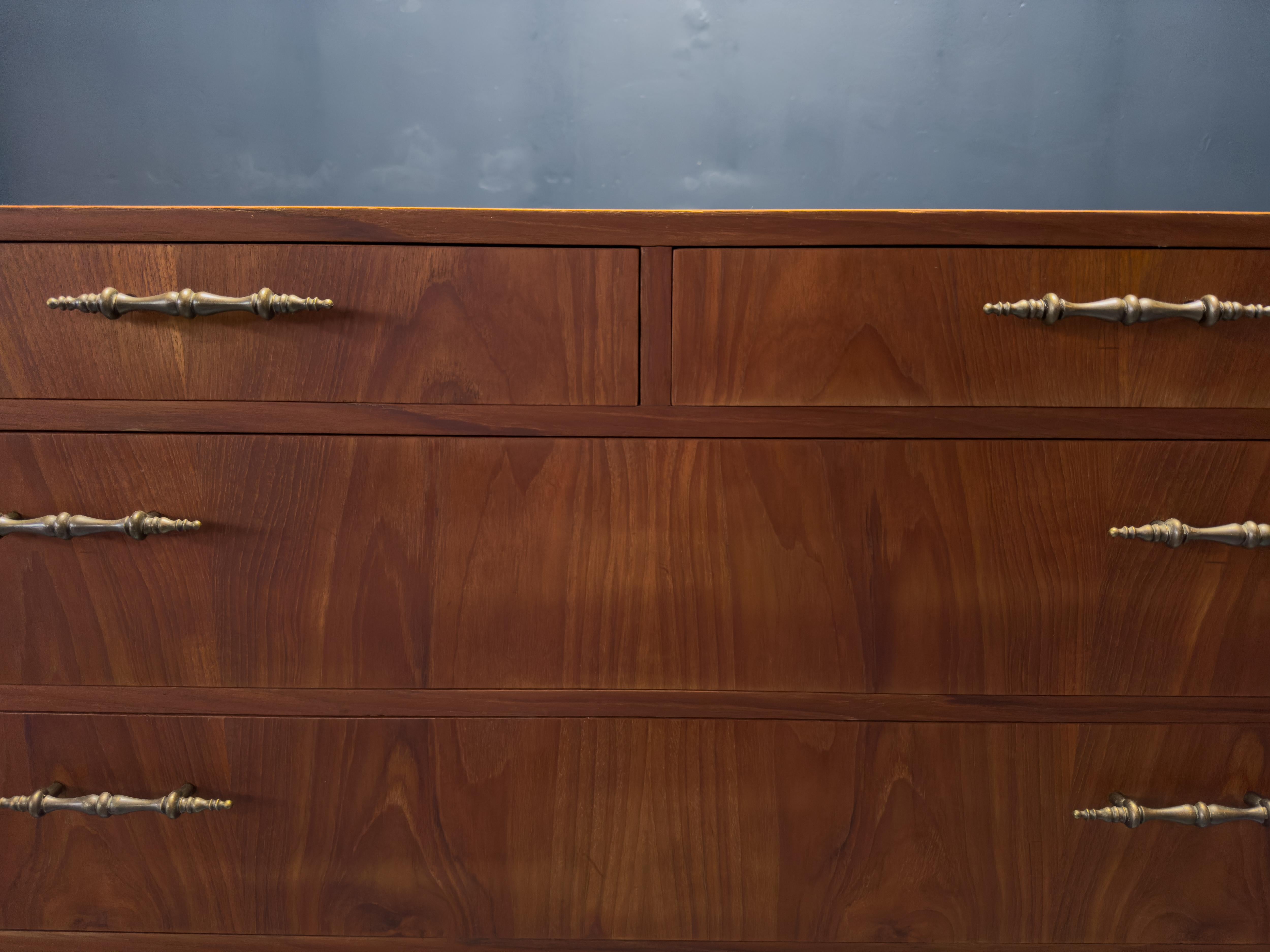 Mid-20th Century Teak Chest of Drawers with Brass Handles