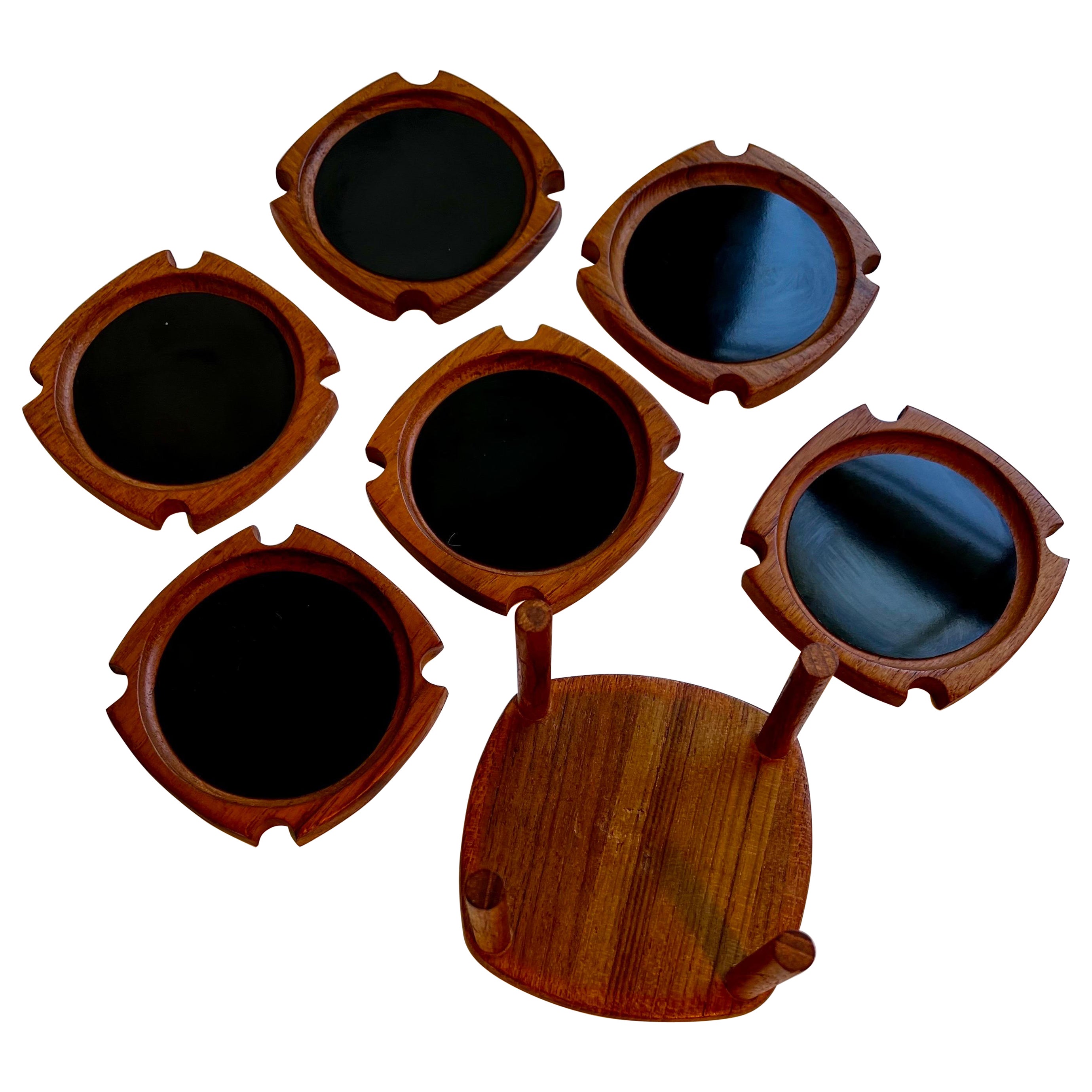 Teak Coaster Set with Holder, 1970s