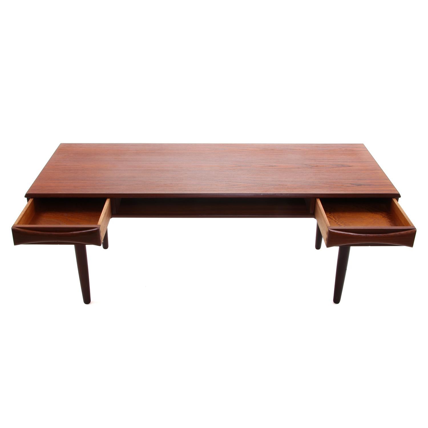 Teak Coffee Table by Danish Furniture Maker, 1960s, with Shelf and Two Drawers In Good Condition In Brondby, Copenhagen
